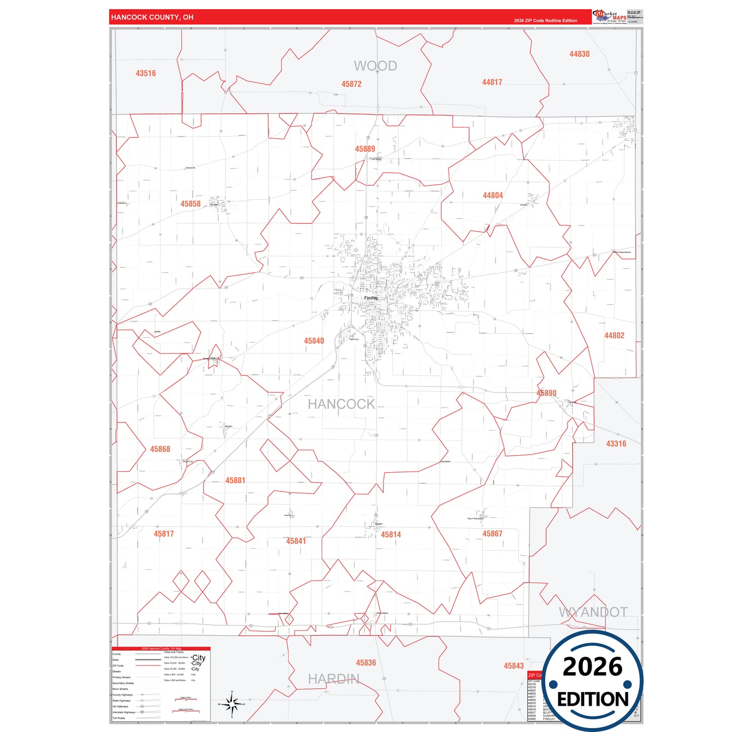 Hancock County, OH Red Line 5 Digit ZIP Code Wall Map