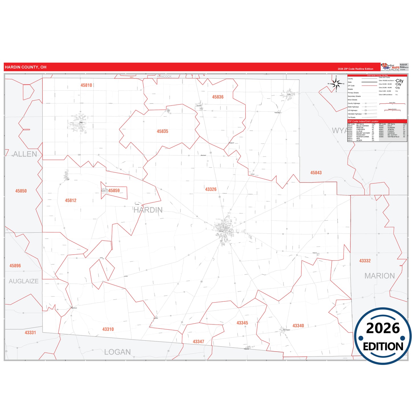 Hardin County, OH Red Line 5 Digit ZIP Code Wall Map