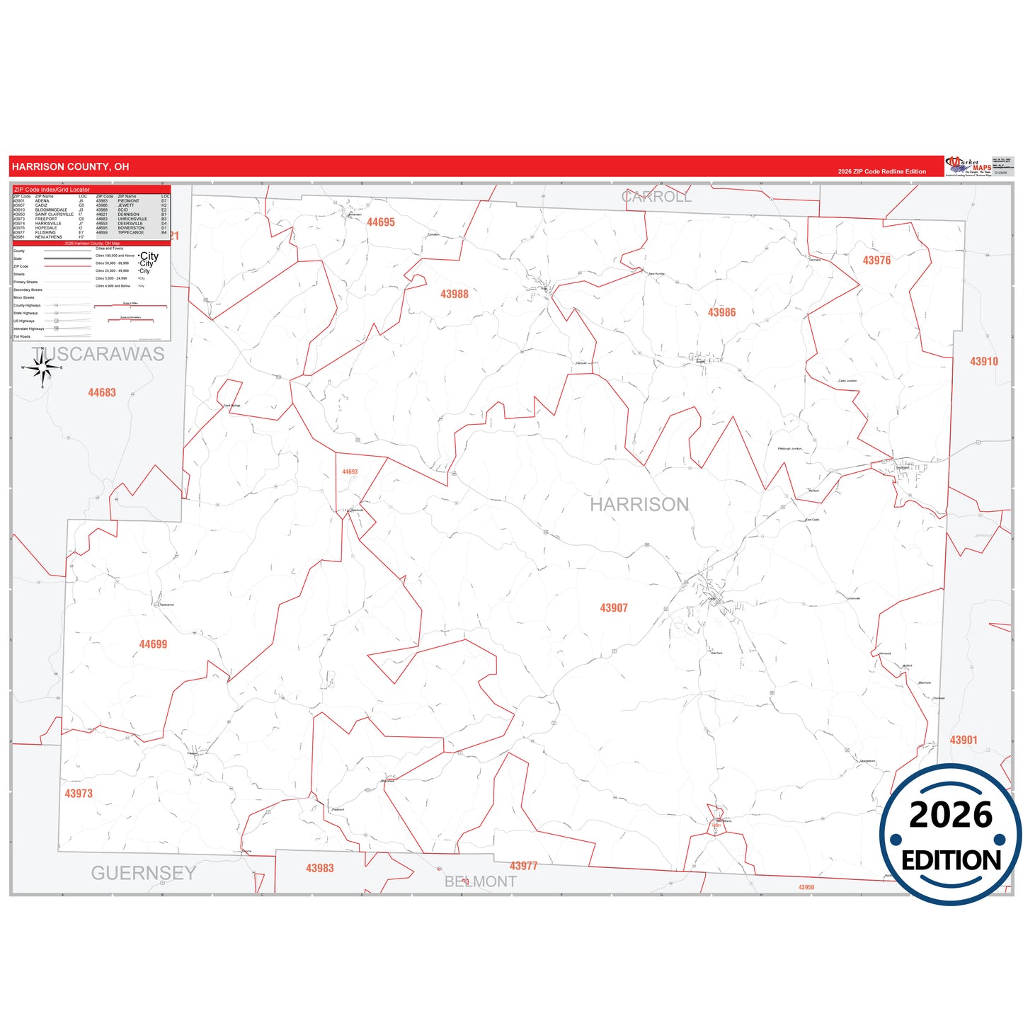 Harrison County, OH Red Line 5 Digit ZIP Code Wall Map