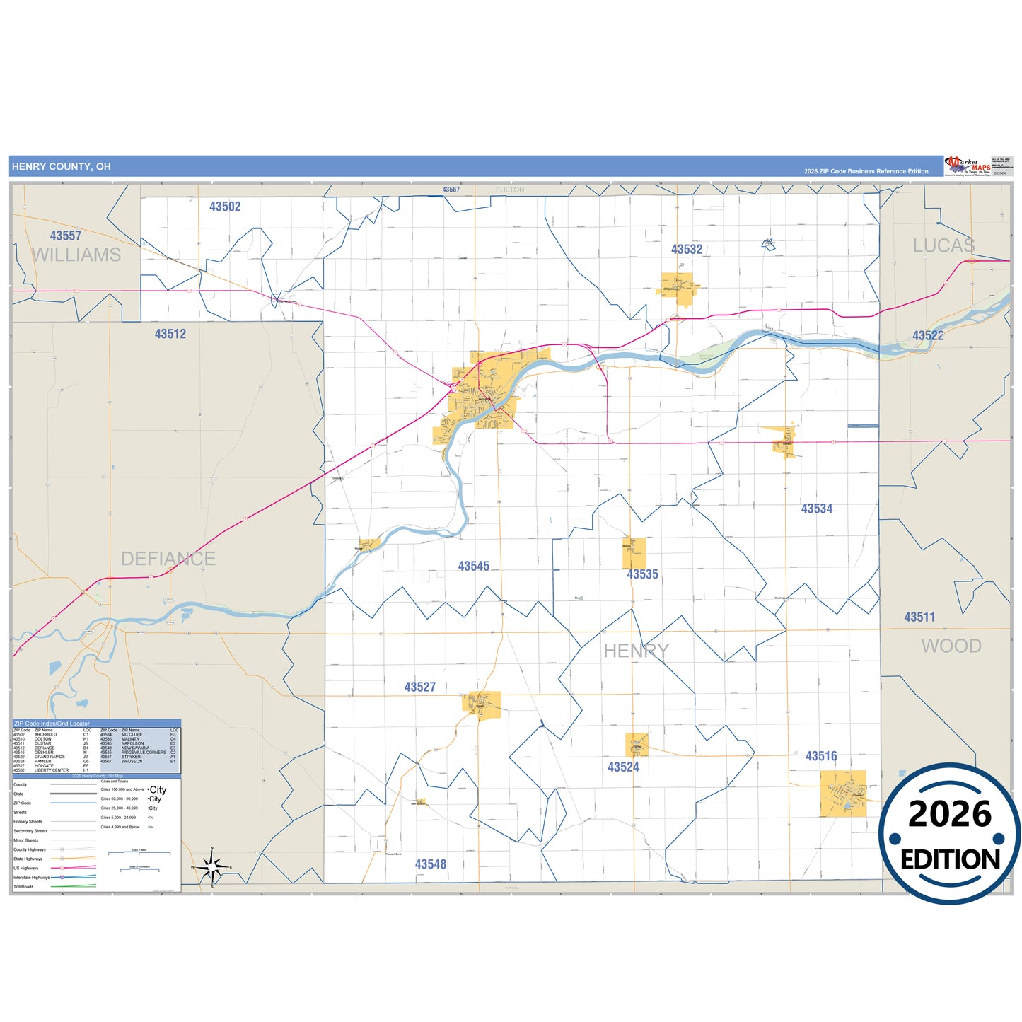 Henry County, OH Business Reference 5 Digit ZIP Code Wall Map