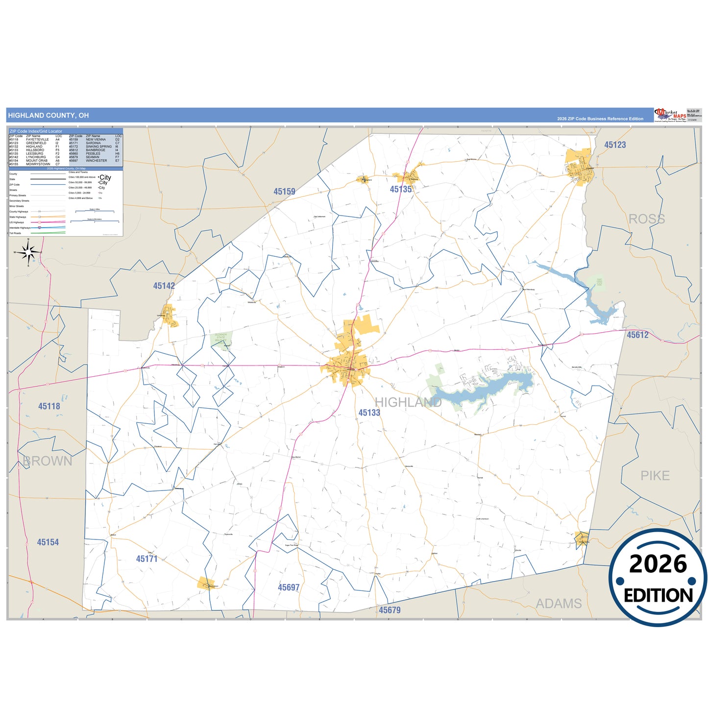 Highland County, OH Business Reference 5 Digit ZIP Code Wall Map