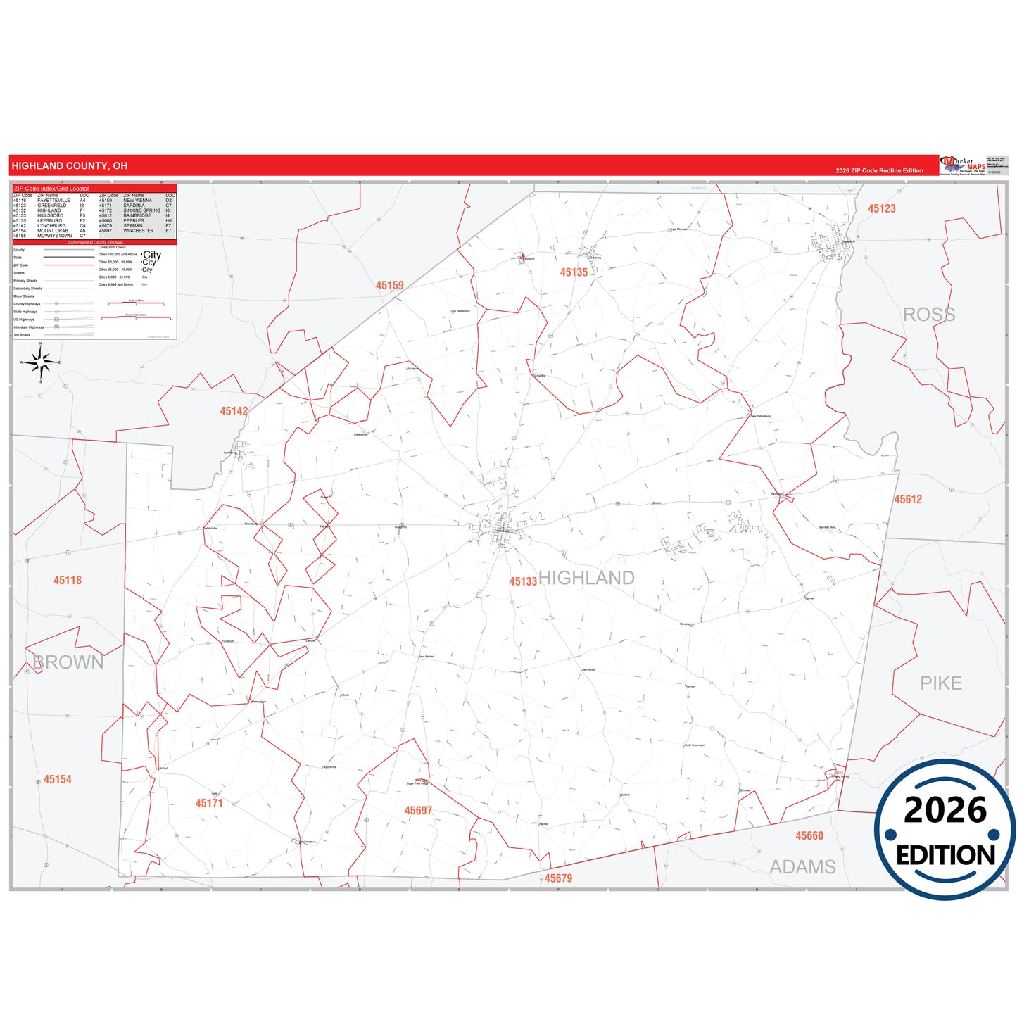 Highland County, OH Red Line 5 Digit ZIP Code Wall Map