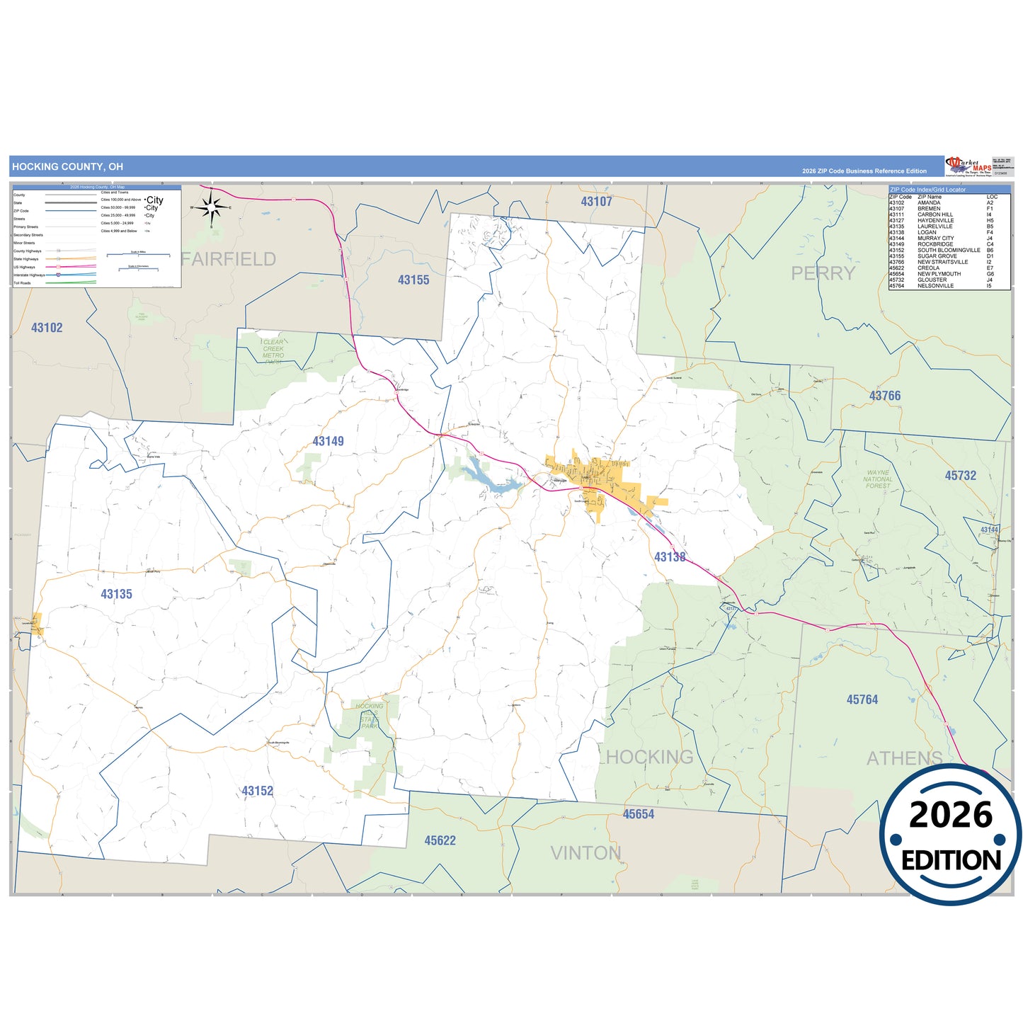 Hocking County, OH Business Reference 5 Digit ZIP Code Wall Map