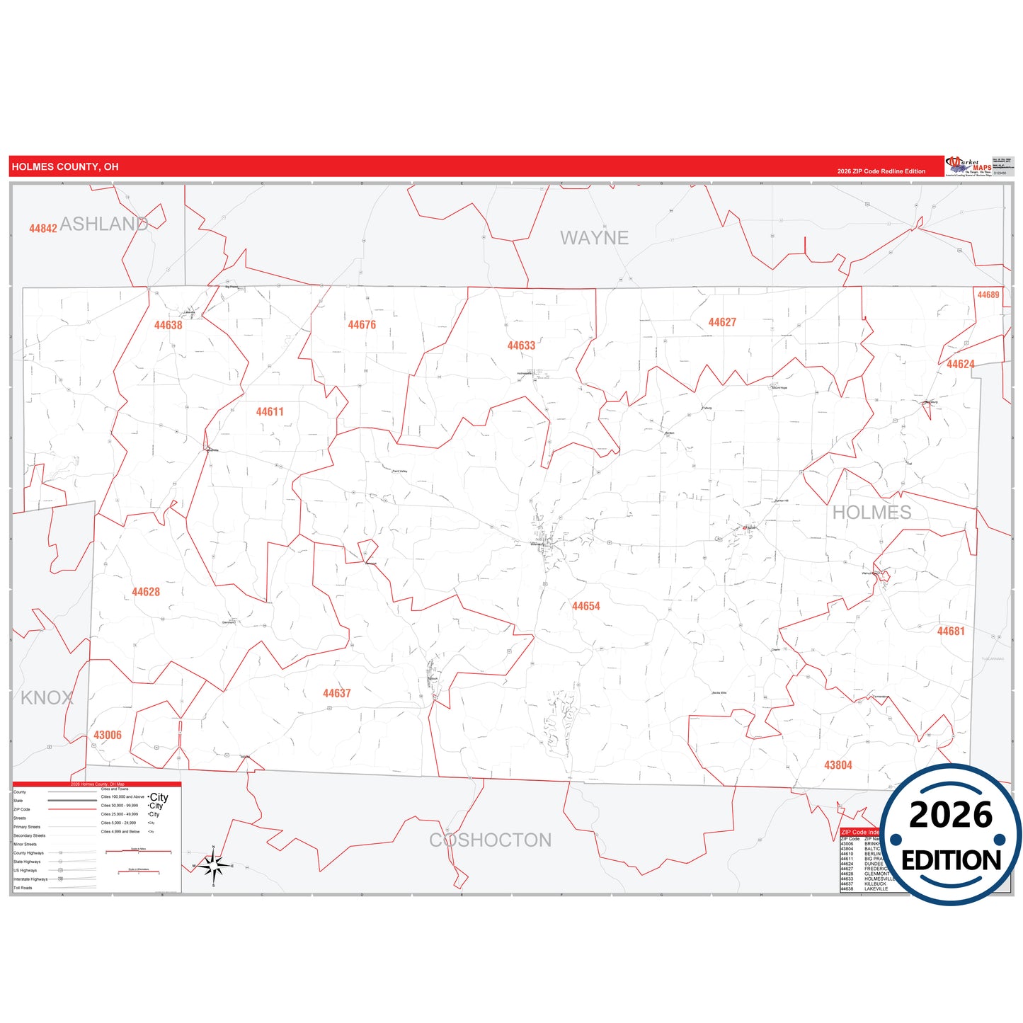 Holmes County, OH Red Line 5 Digit ZIP Code Wall Map