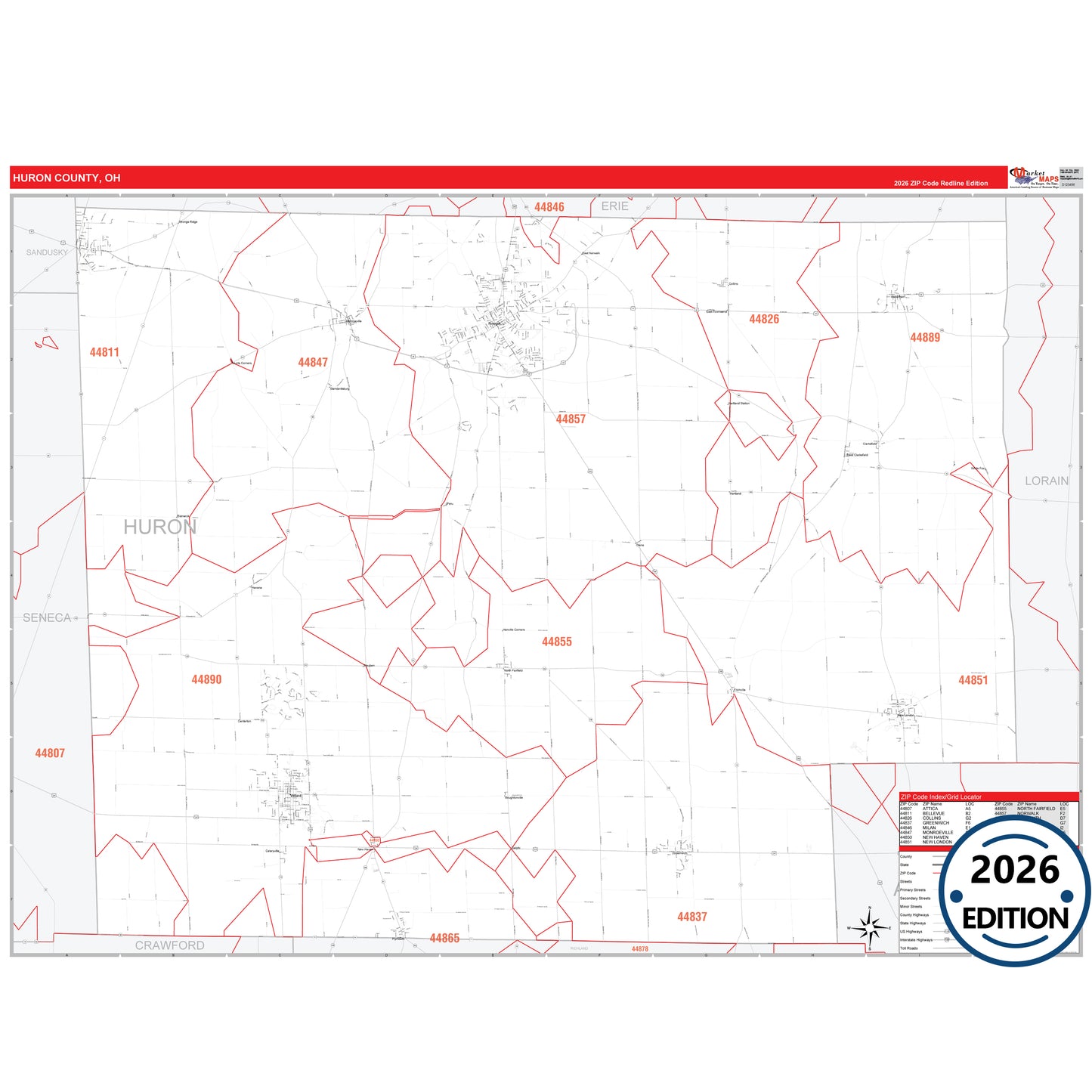 Huron County, OH Red Line 5 Digit ZIP Code Wall Map