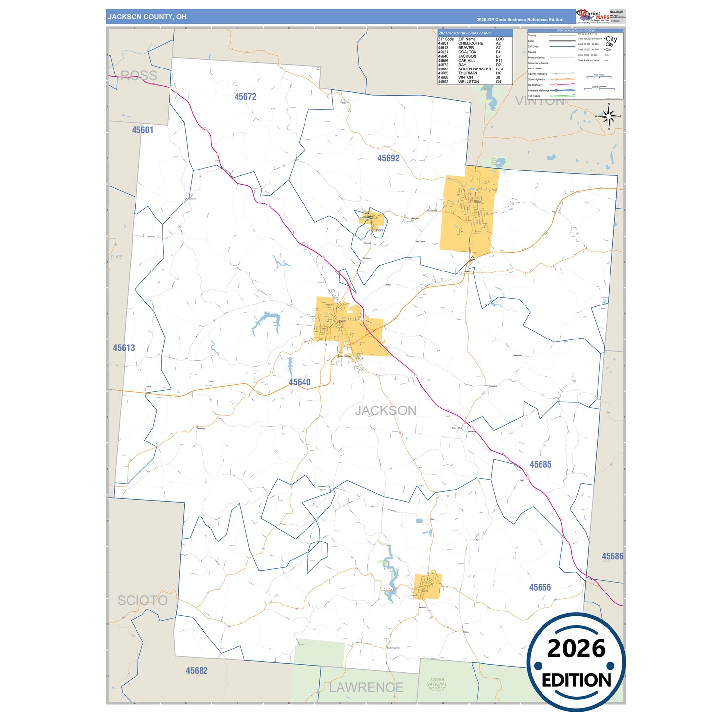 Jackson County, OH Business Reference 5 Digit ZIP Code Wall Map