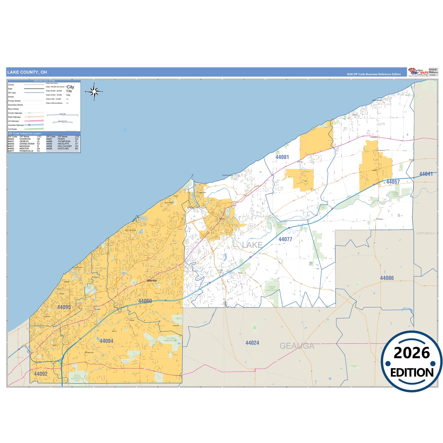 Lake County, OH Business Reference 5 Digit ZIP Code Wall Map