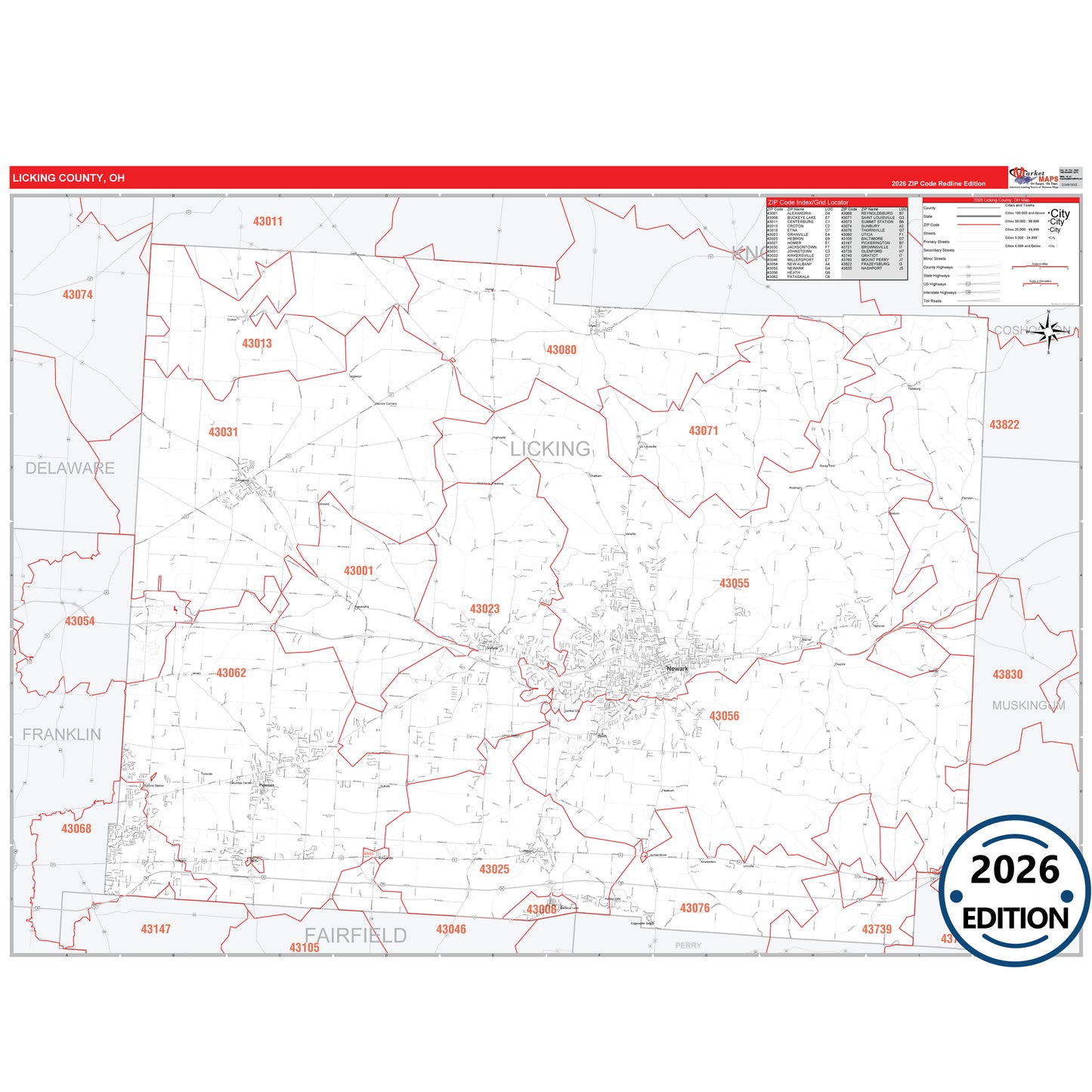 Licking County, OH Red Line 5 Digit ZIP Code Wall Map
