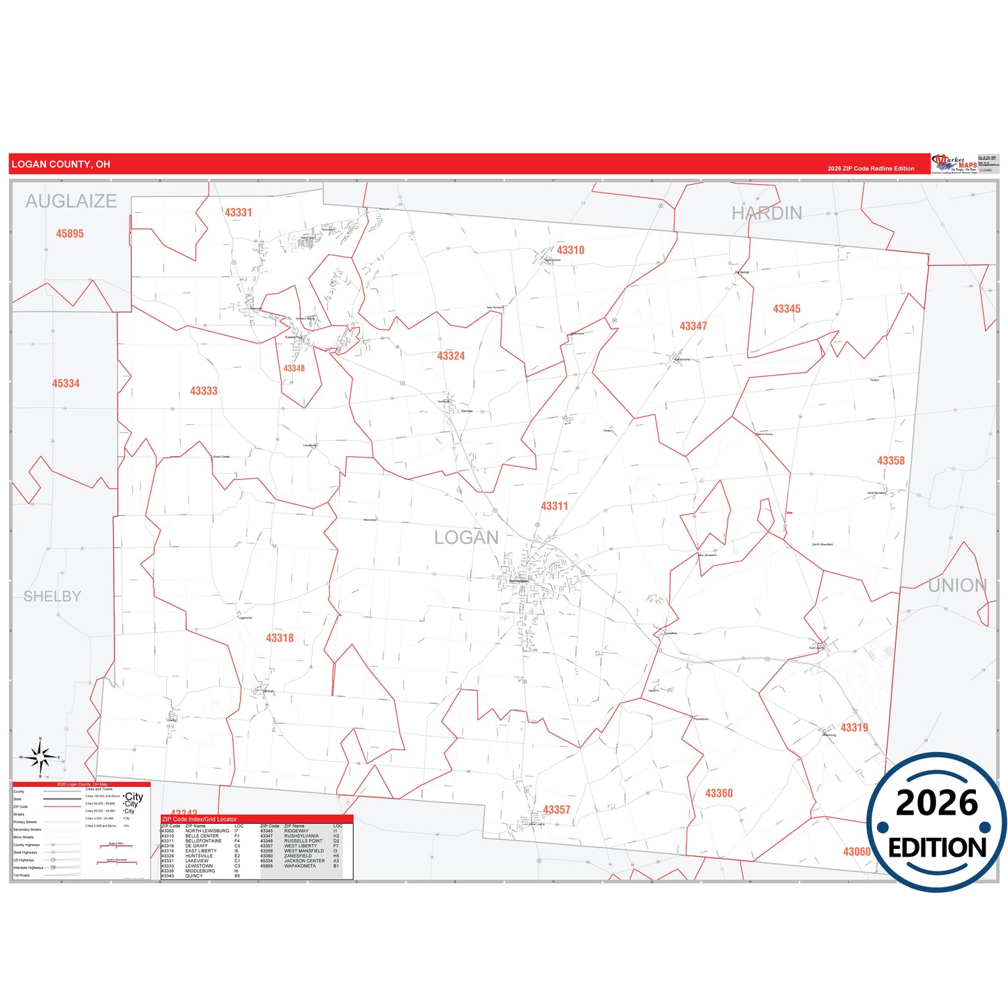 Logan County, OH Red Line 5 Digit ZIP Code Wall Map