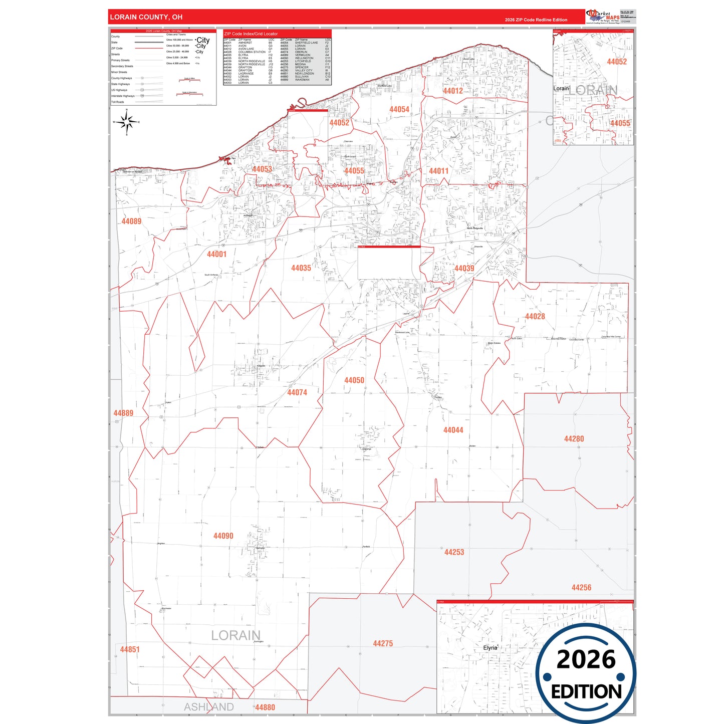 Lorain County, OH Red Line 5 Digit ZIP Code Wall Map