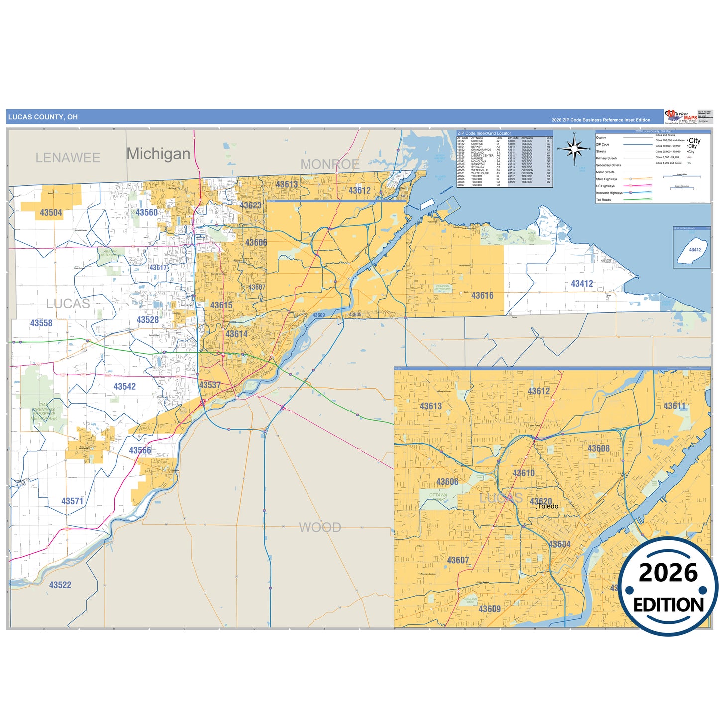 Lucas County, OH Business Reference 5 Digit ZIP Code Wall Map