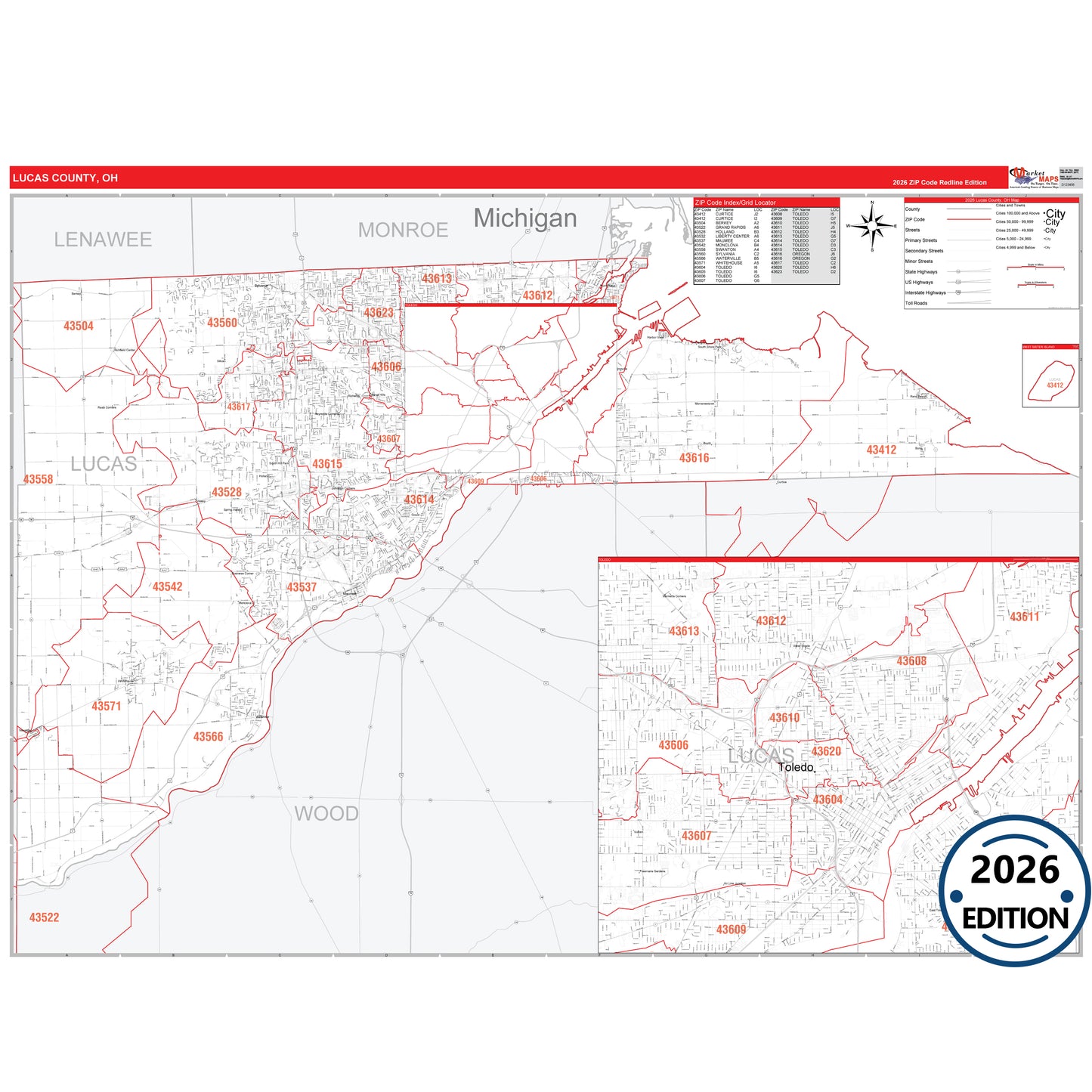 Lucas County, OH Red Line 5 Digit ZIP Code Wall Map