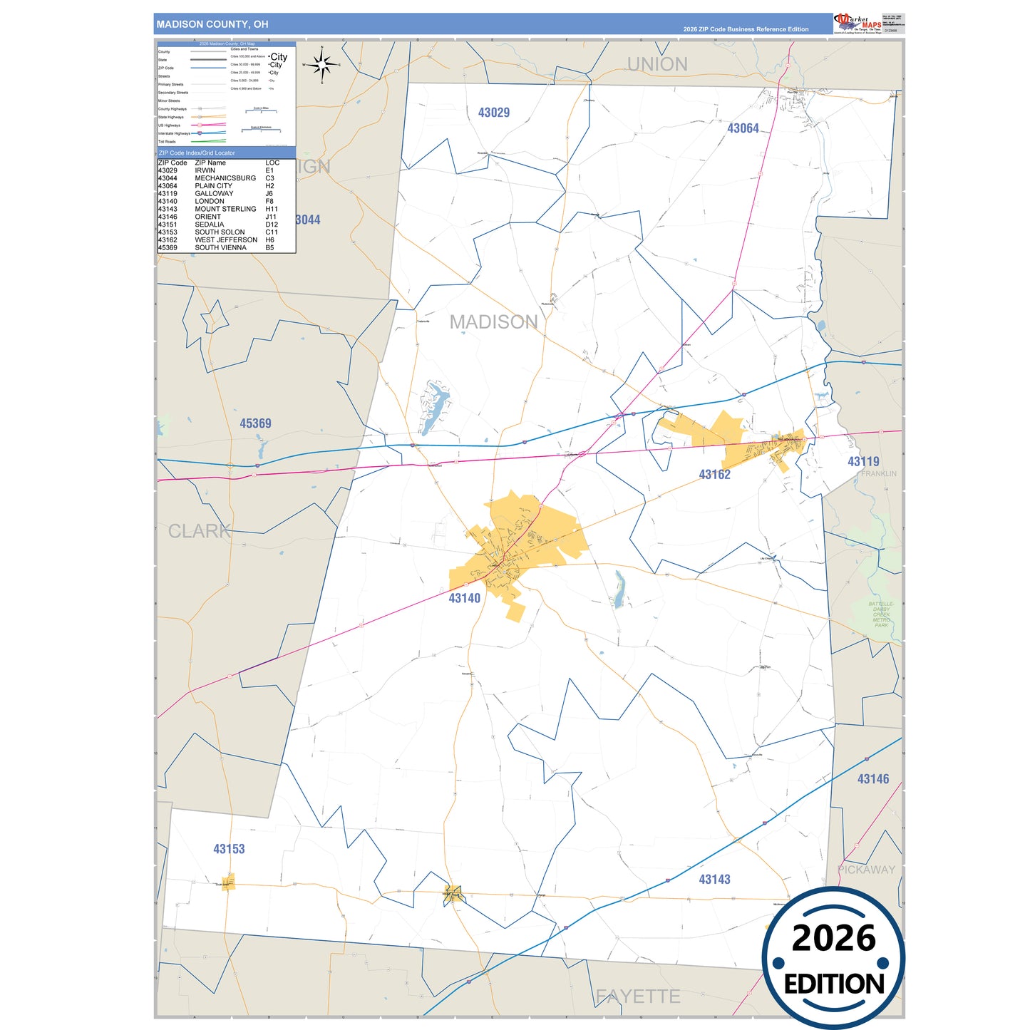 Madison County, OH Business Reference 5 Digit ZIP Code Wall Map