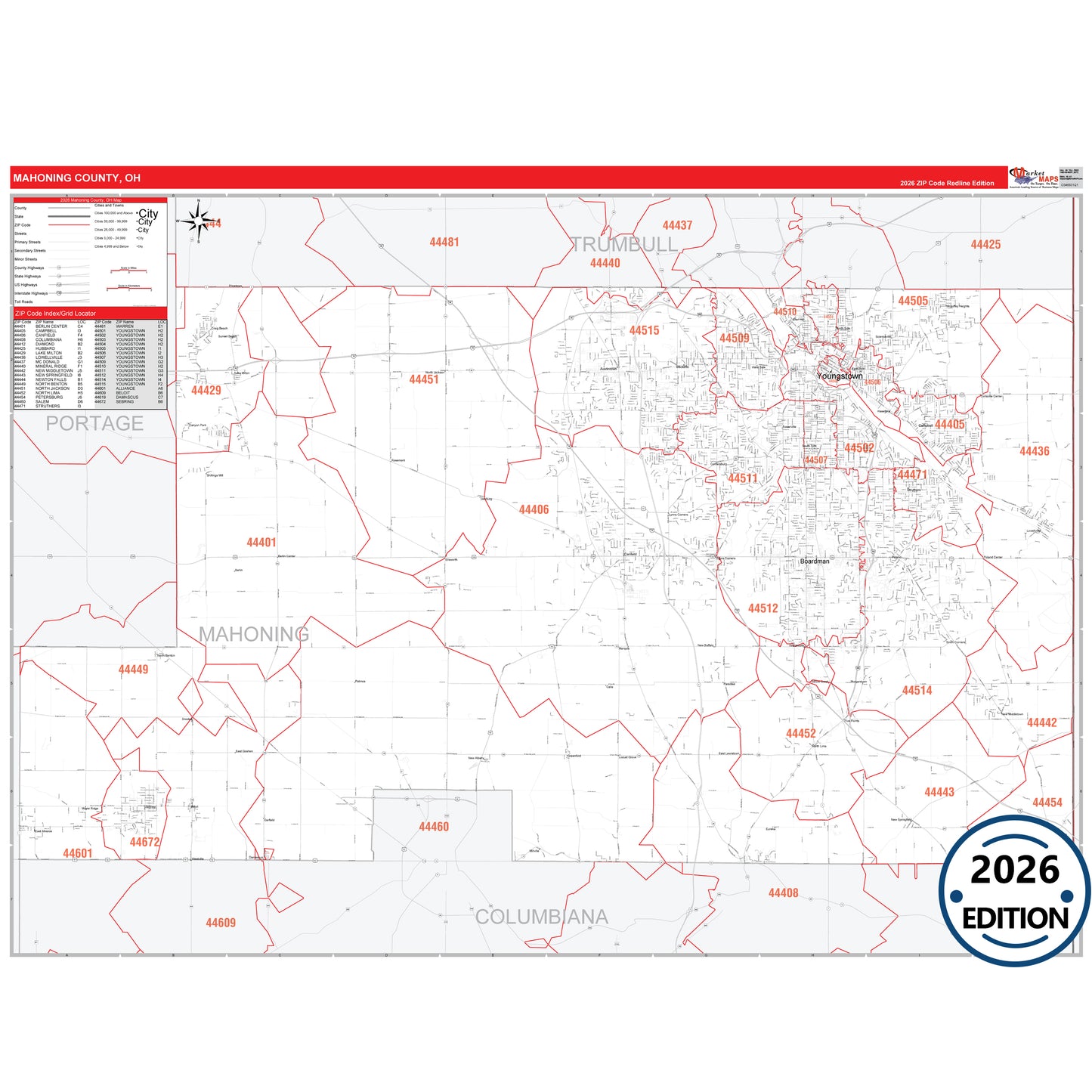 Mahoning County, OH Red Line 5 Digit ZIP Code Wall Map