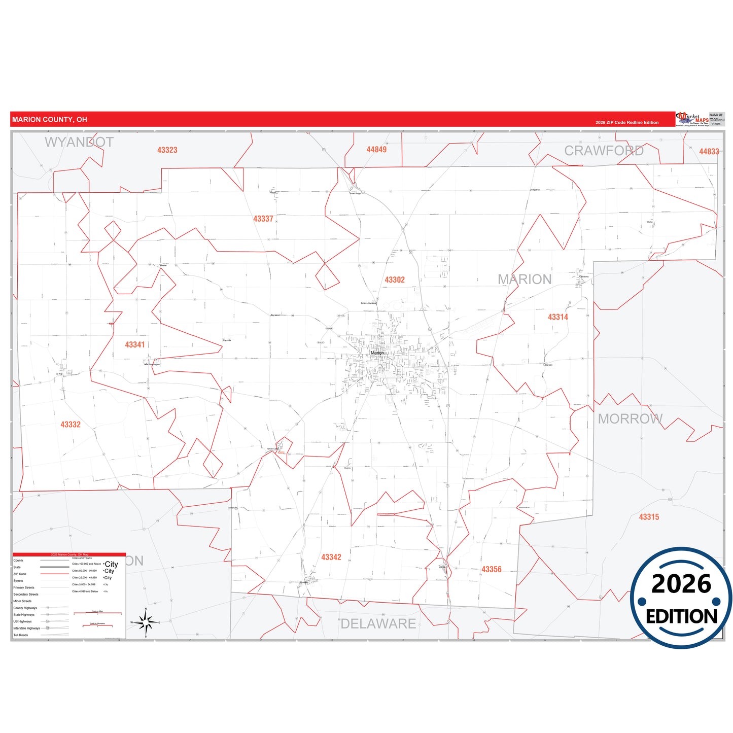 Marion County, OH Red Line 5 Digit ZIP Code Wall Map