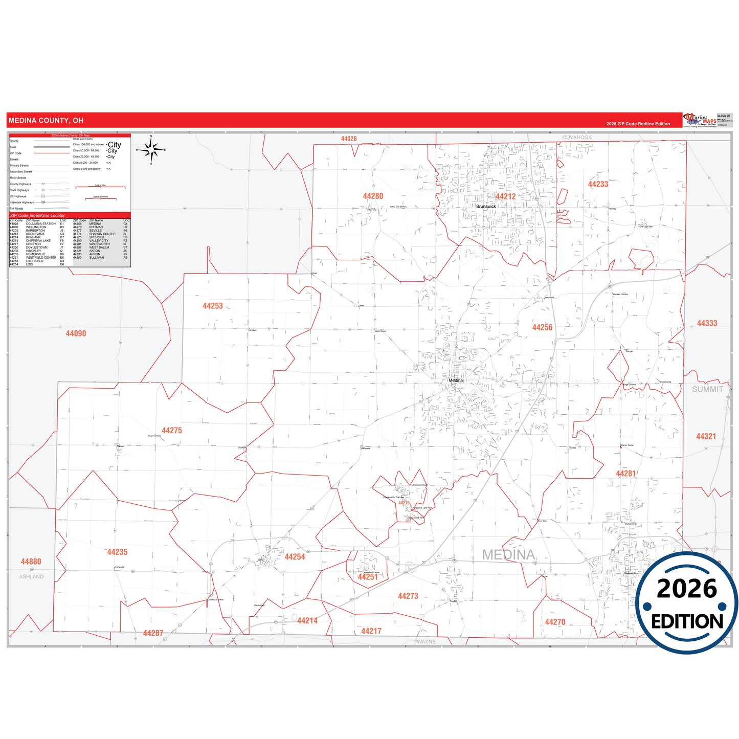 Medina County, OH Red Line 5 Digit ZIP Code Wall Map