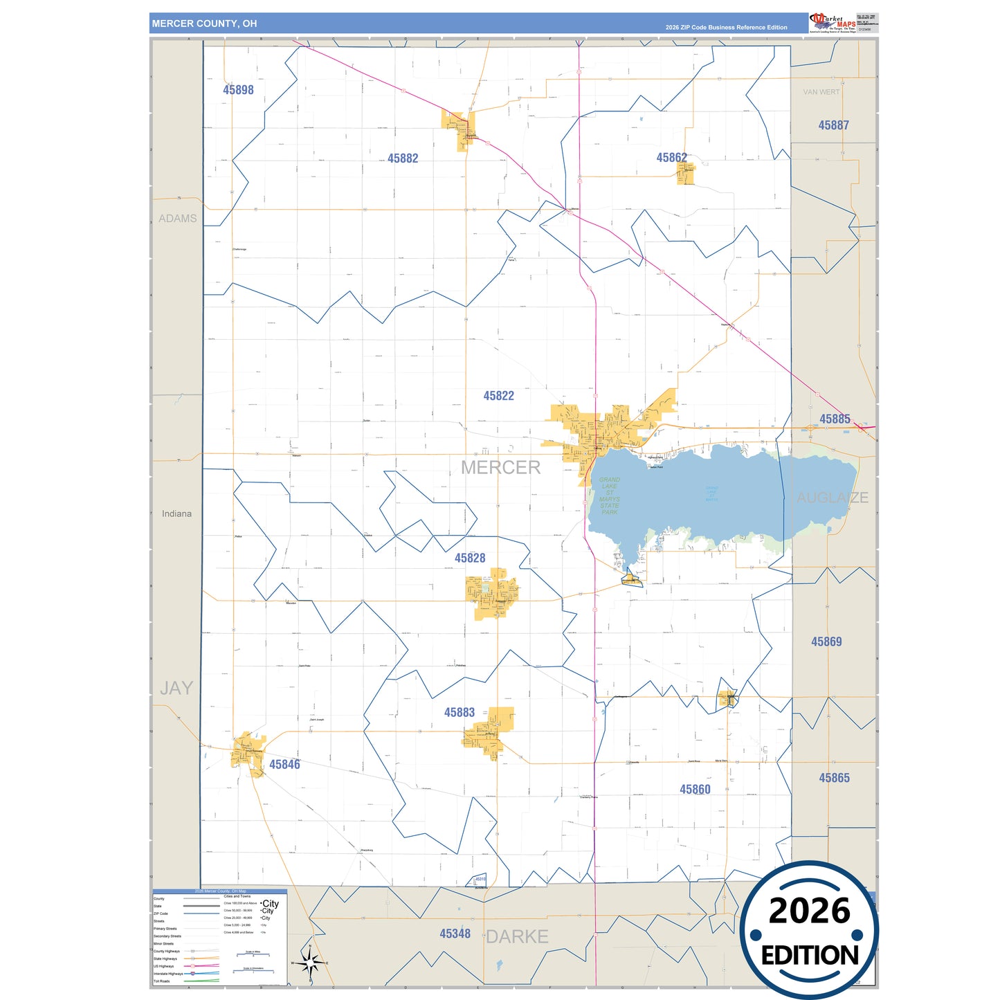Mercer County, OH Business Reference 5 Digit ZIP Code Wall Map