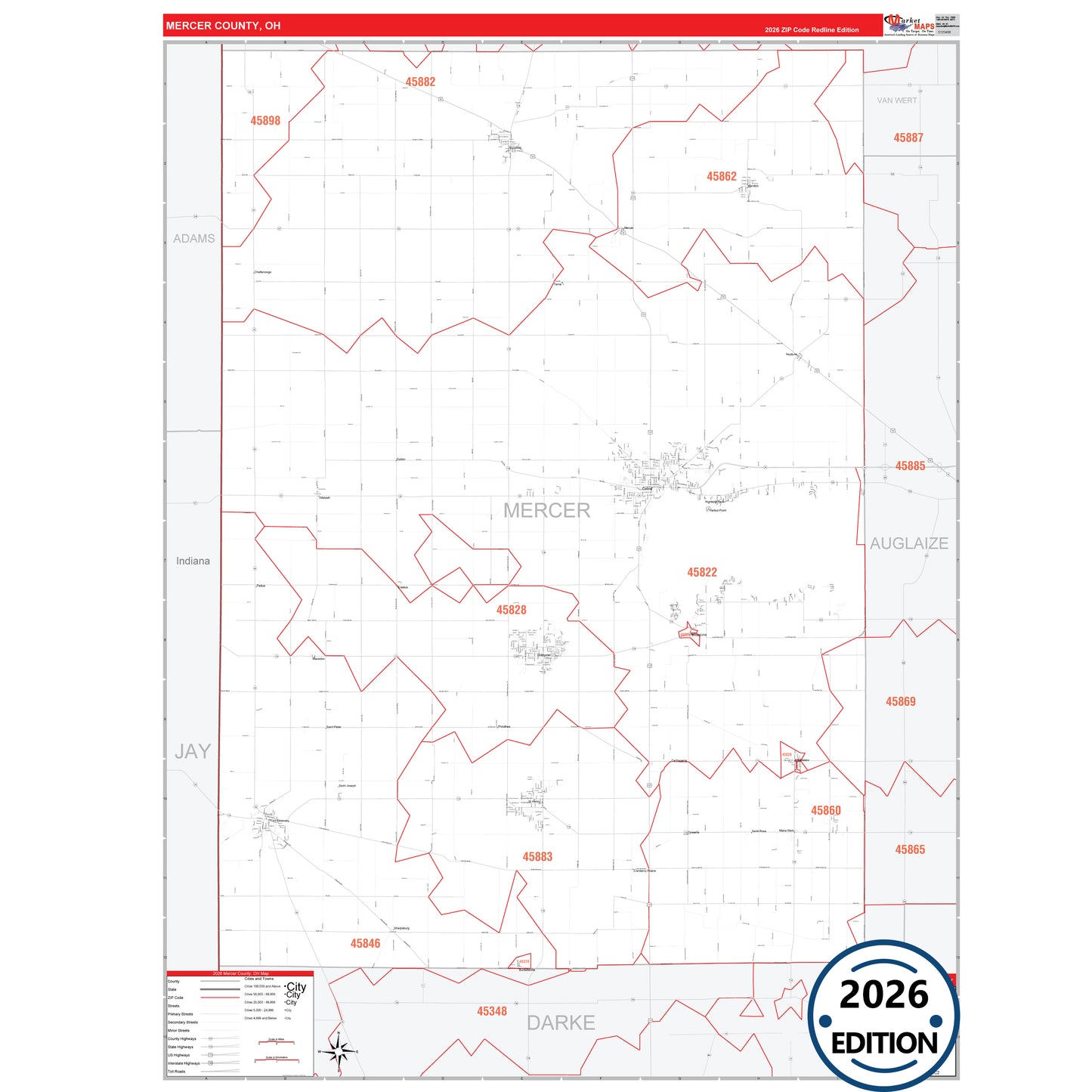 Mercer County, OH Red Line 5 Digit ZIP Code Wall Map