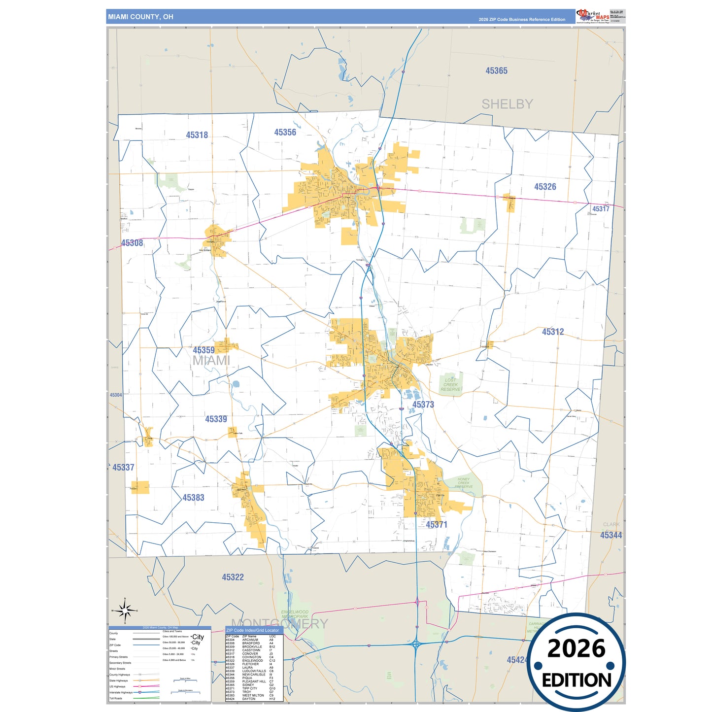 Miami County, OH Business Reference 5 Digit ZIP Code Wall Map
