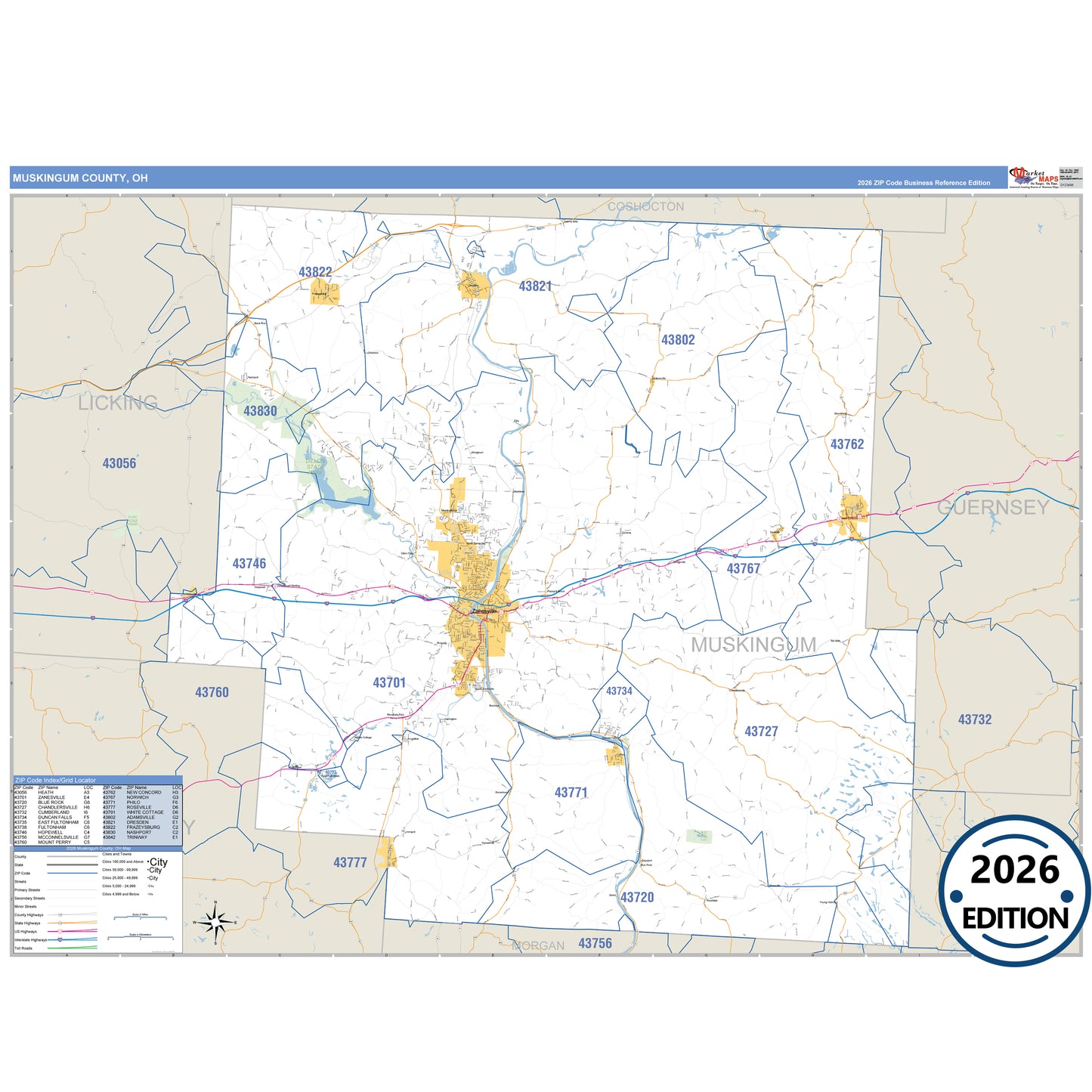 Muskingum County, OH Business Reference 5 Digit ZIP Code Wall Map