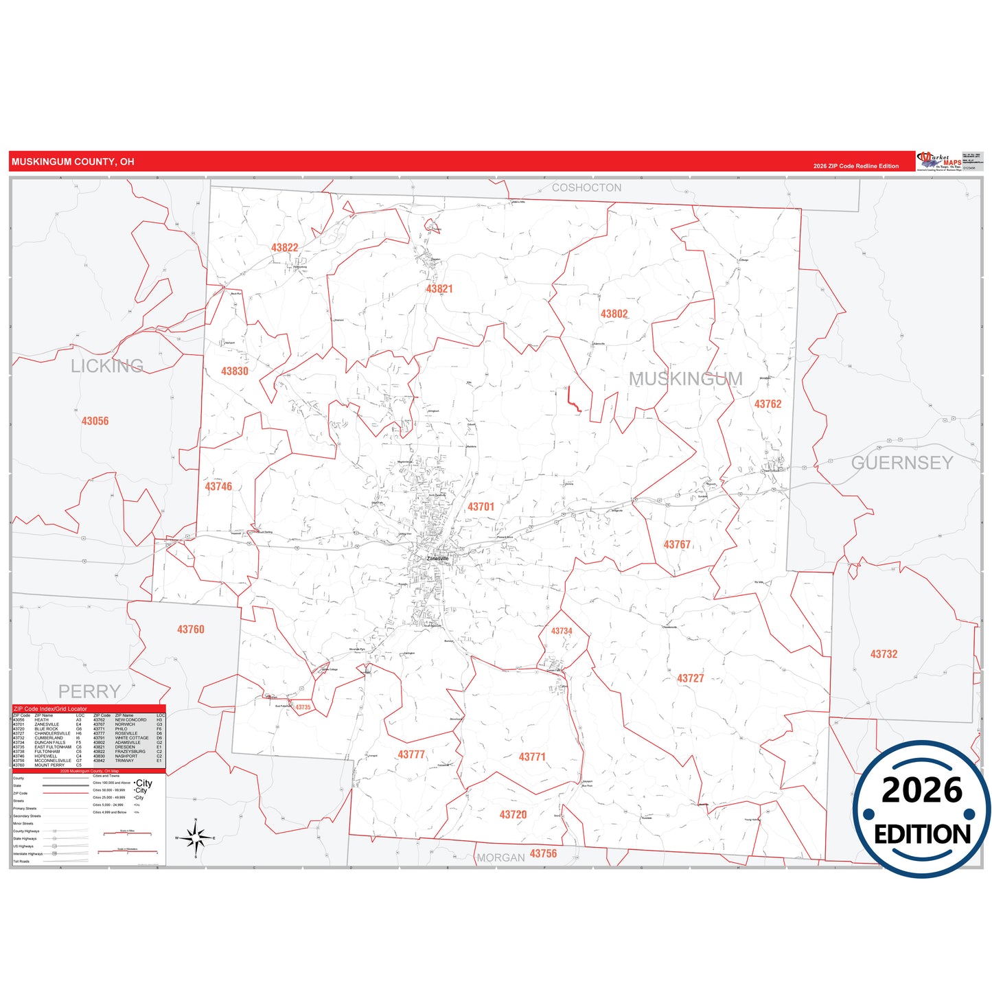 Muskingum County, OH Red Line 5 Digit ZIP Code Wall Map