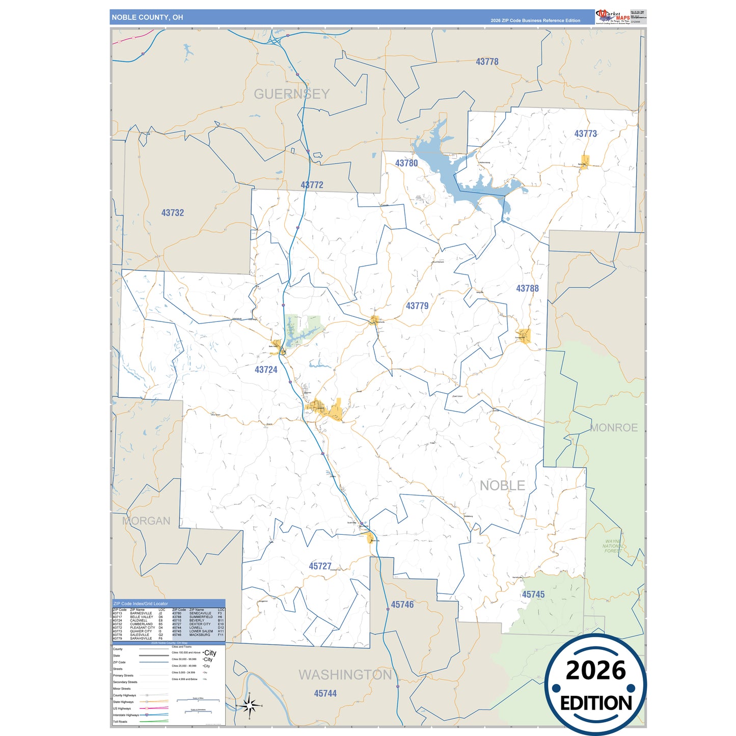 Noble County, OH Business Reference 5 Digit ZIP Code Wall Map