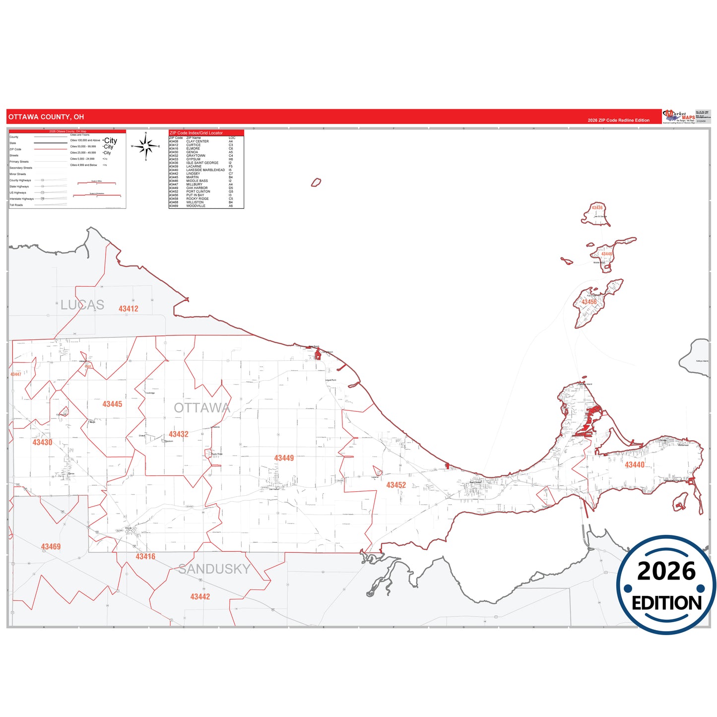 Ottawa County, OH Red Line 5 Digit ZIP Code Wall Map