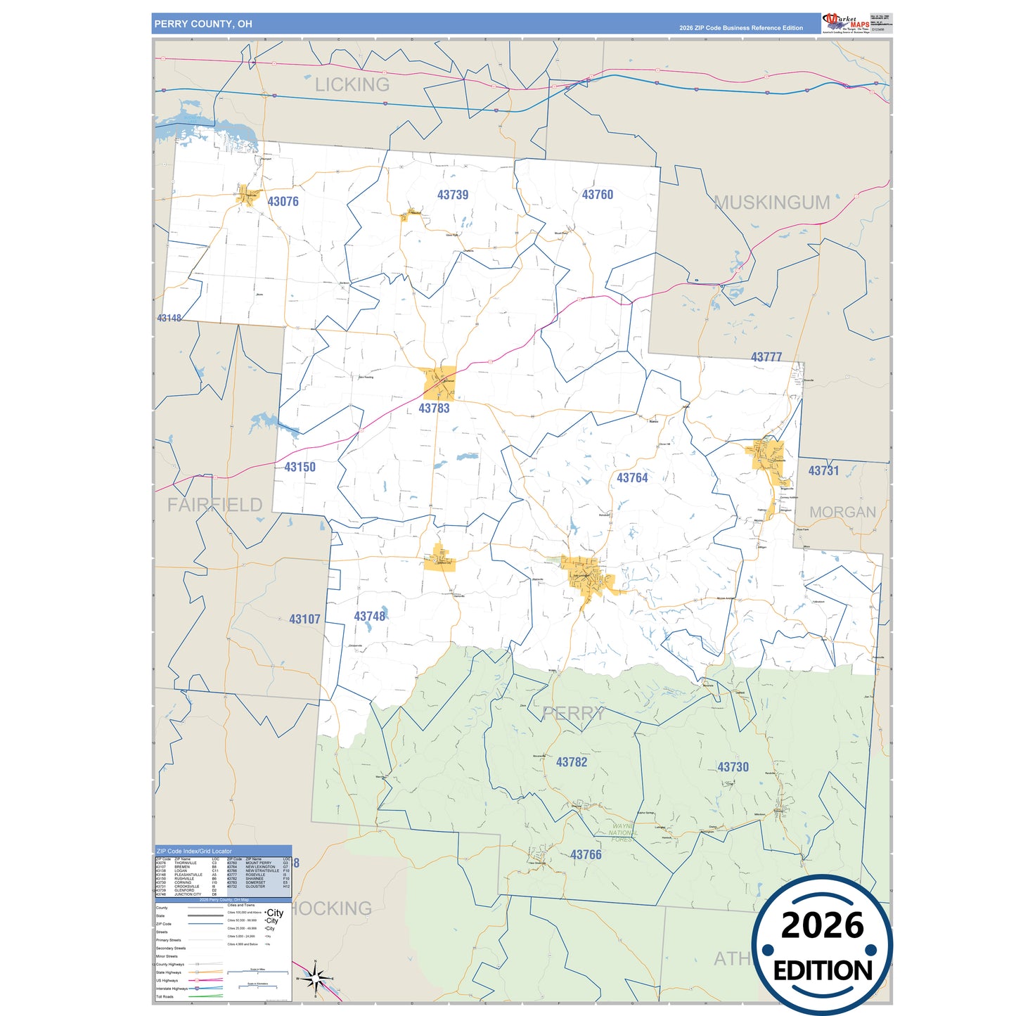 Perry County, OH Business Reference 5 Digit ZIP Code Wall Map