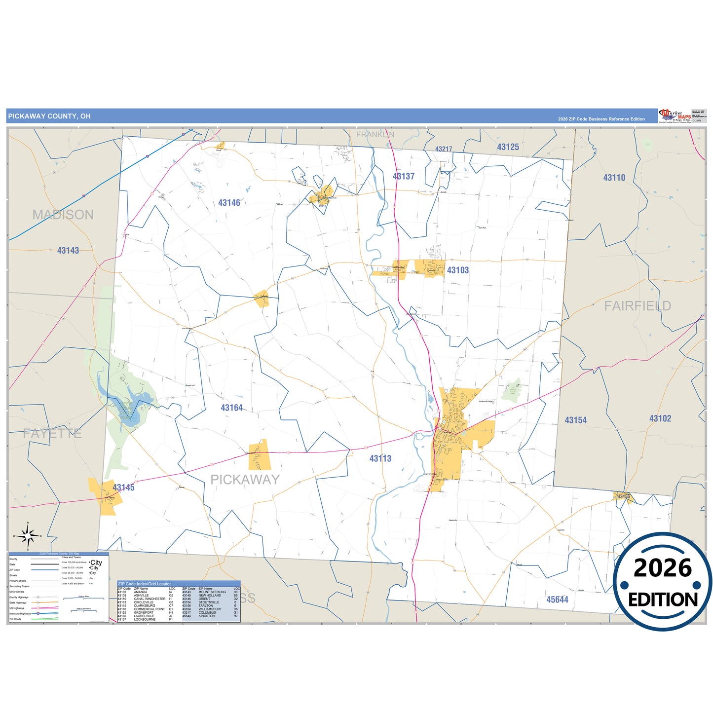 Pickaway County, OH Business Reference 5 Digit ZIP Code Wall Map