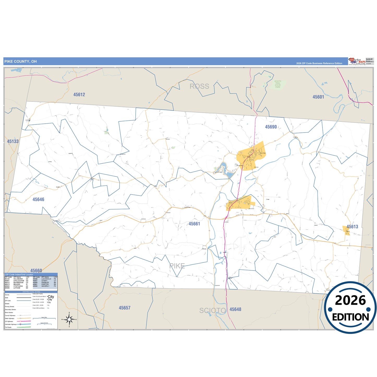 Pike County, OH Business Reference 5 Digit ZIP Code Wall Map