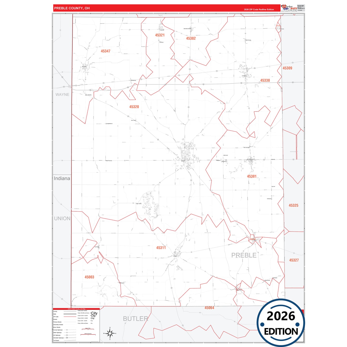 Preble County, OH Red Line 5 Digit ZIP Code Wall Map
