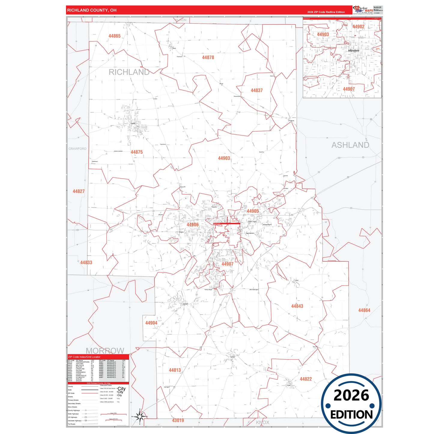 Richland County, OH Red Line 5 Digit ZIP Code Wall Map