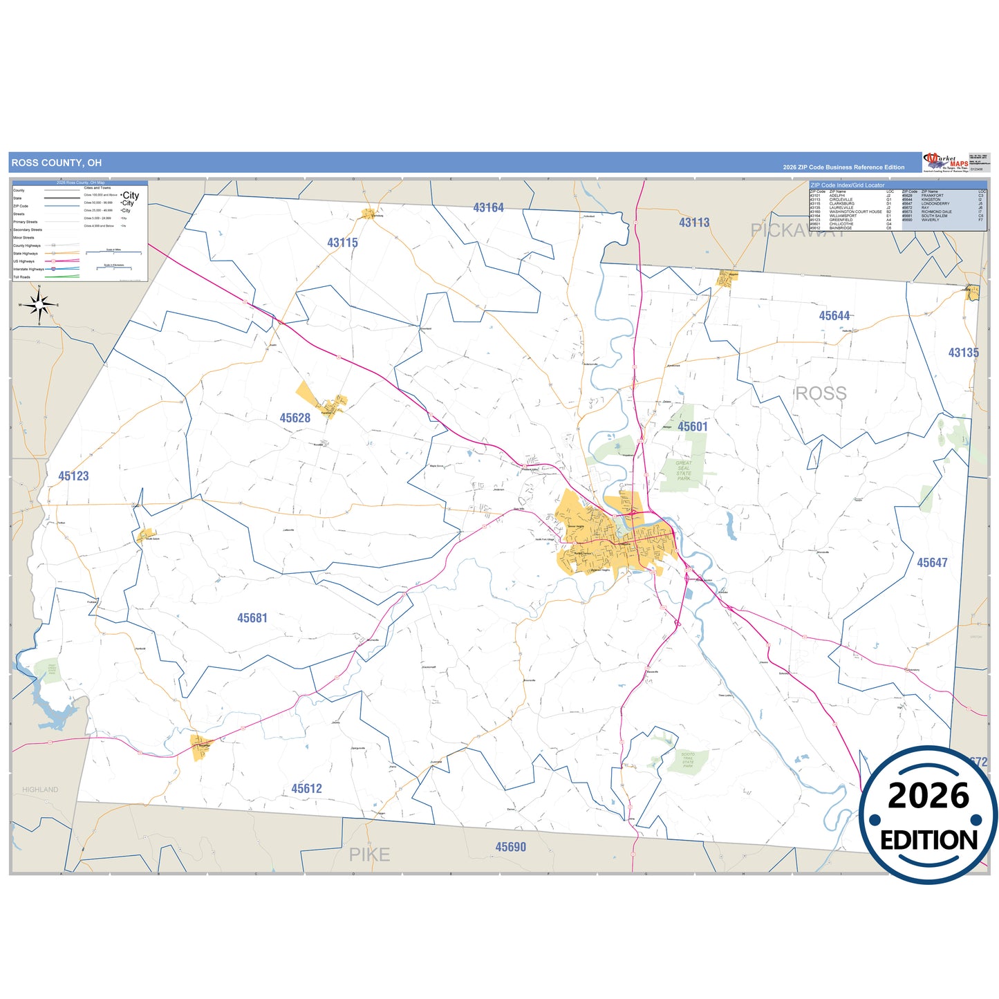 Ross County, OH Business Reference 5 Digit ZIP Code Wall Map