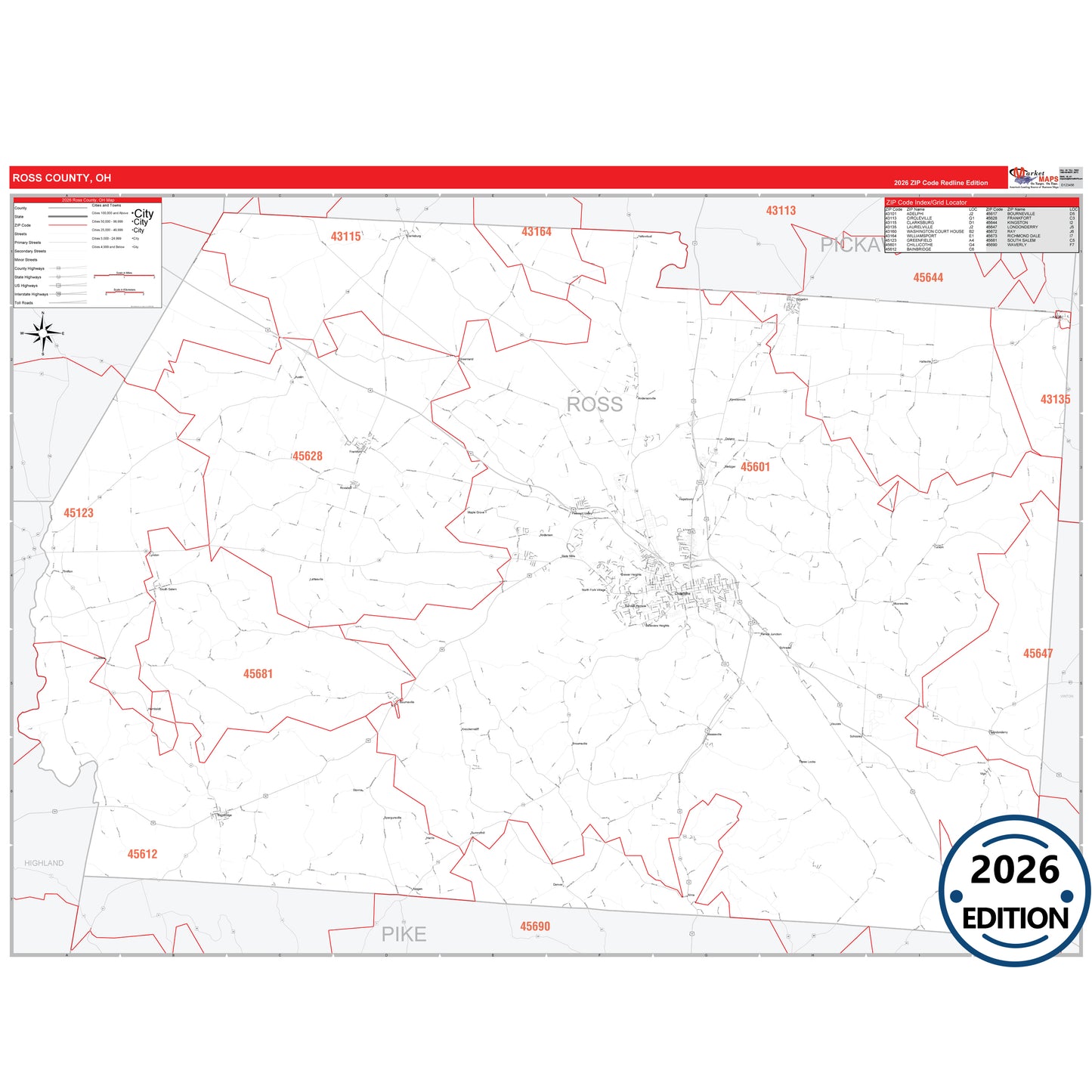 Ross County, OH Red Line 5 Digit ZIP Code Wall Map