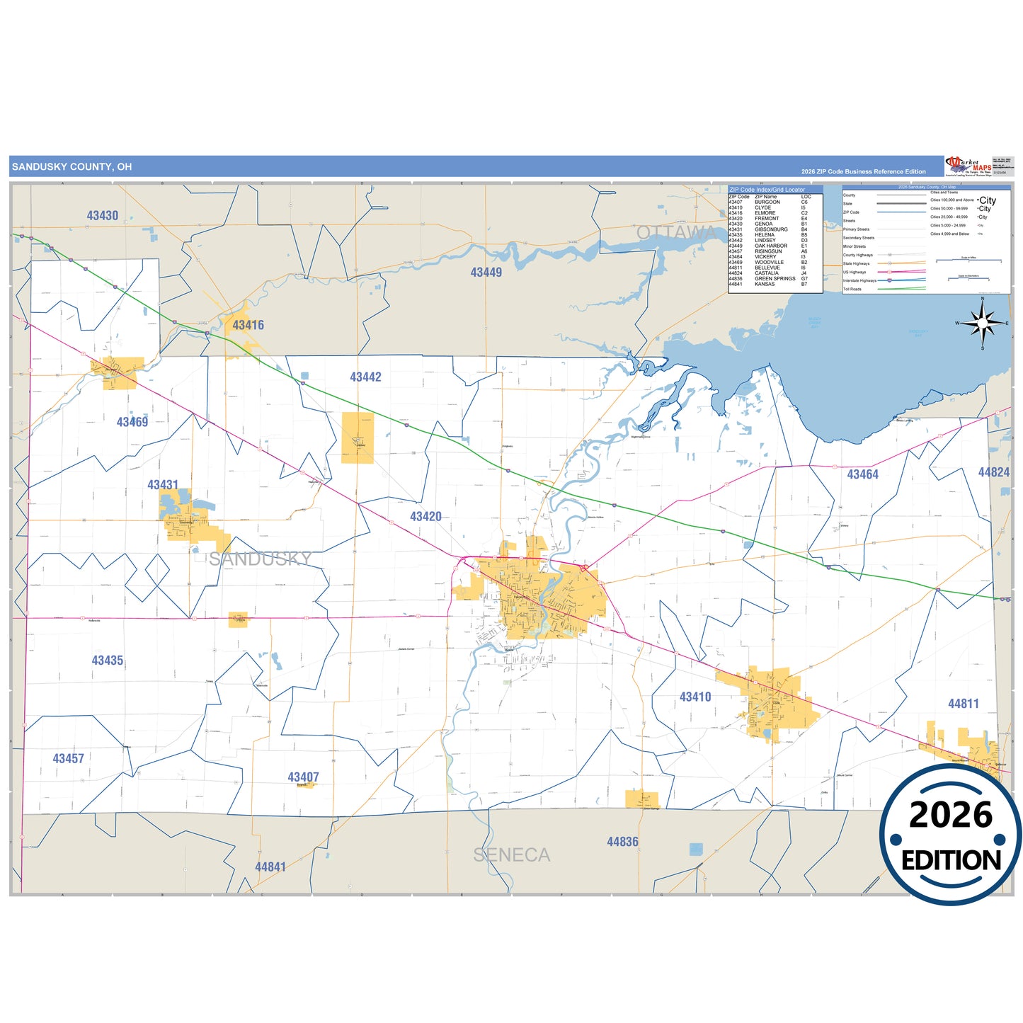 Sandusky County, OH Business Reference 5 Digit ZIP Code Wall Map
