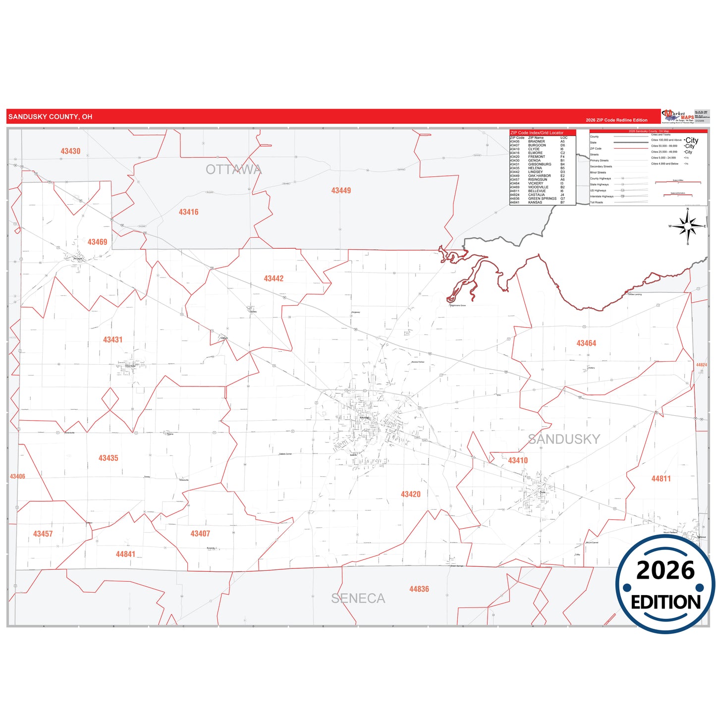 Sandusky County, OH Red Line 5 Digit ZIP Code Wall Map