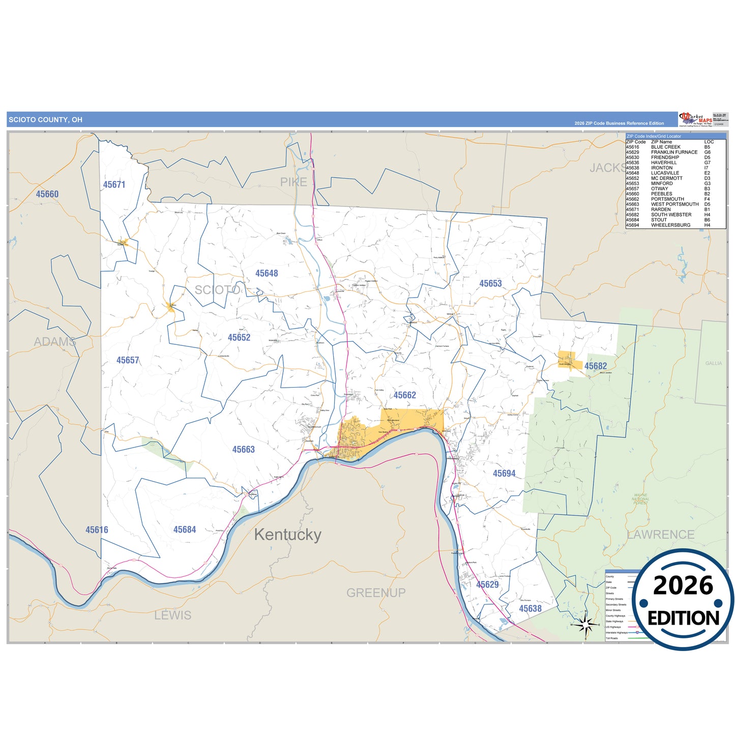 Scioto County, OH Business Reference 5 Digit ZIP Code Wall Map