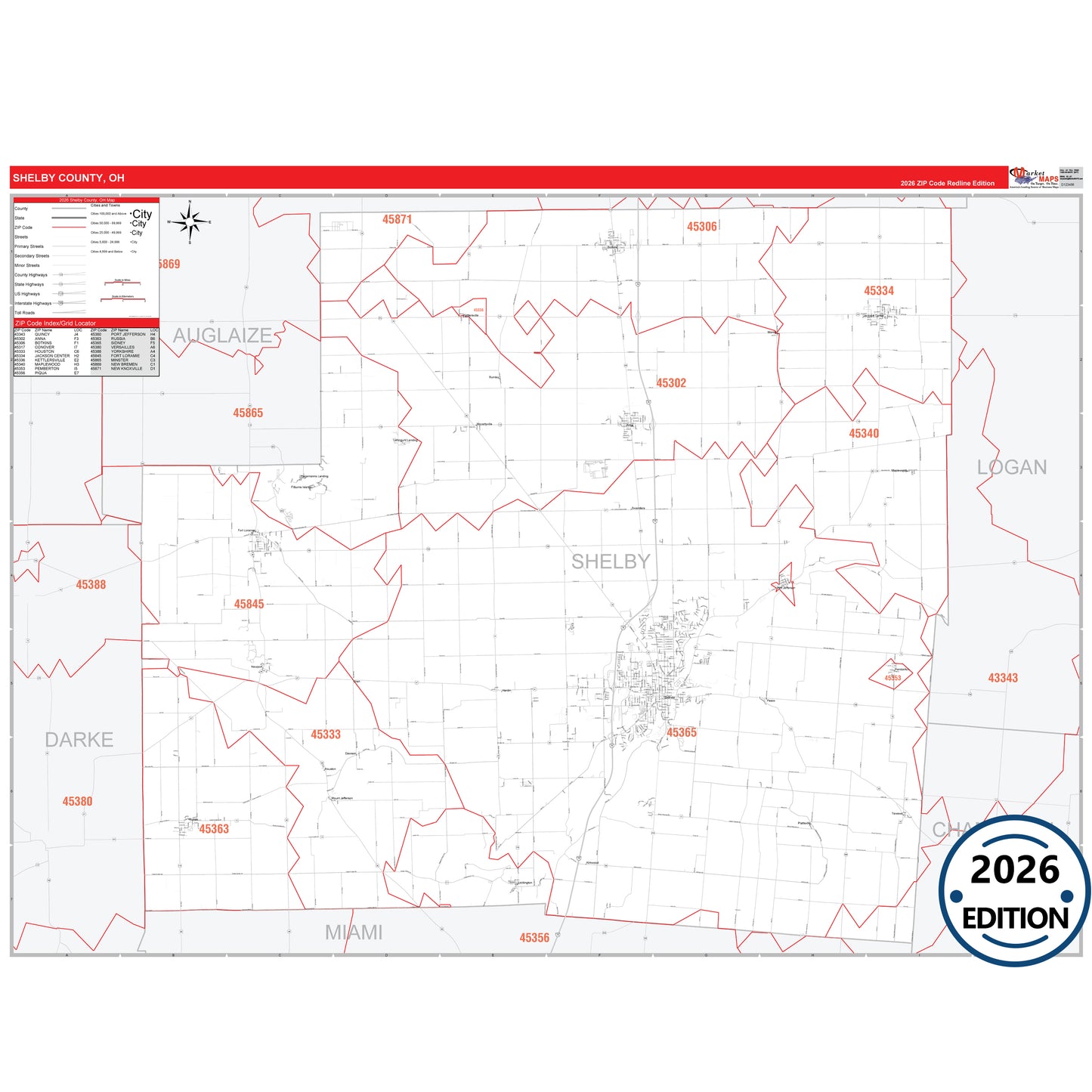 Shelby County, OH Red Line 5 Digit ZIP Code Wall Map
