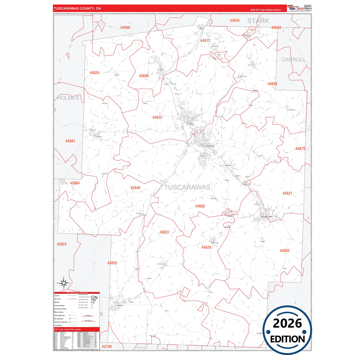 Tuscarawas County, OH Red Line 5 Digit ZIP Code Wall Map