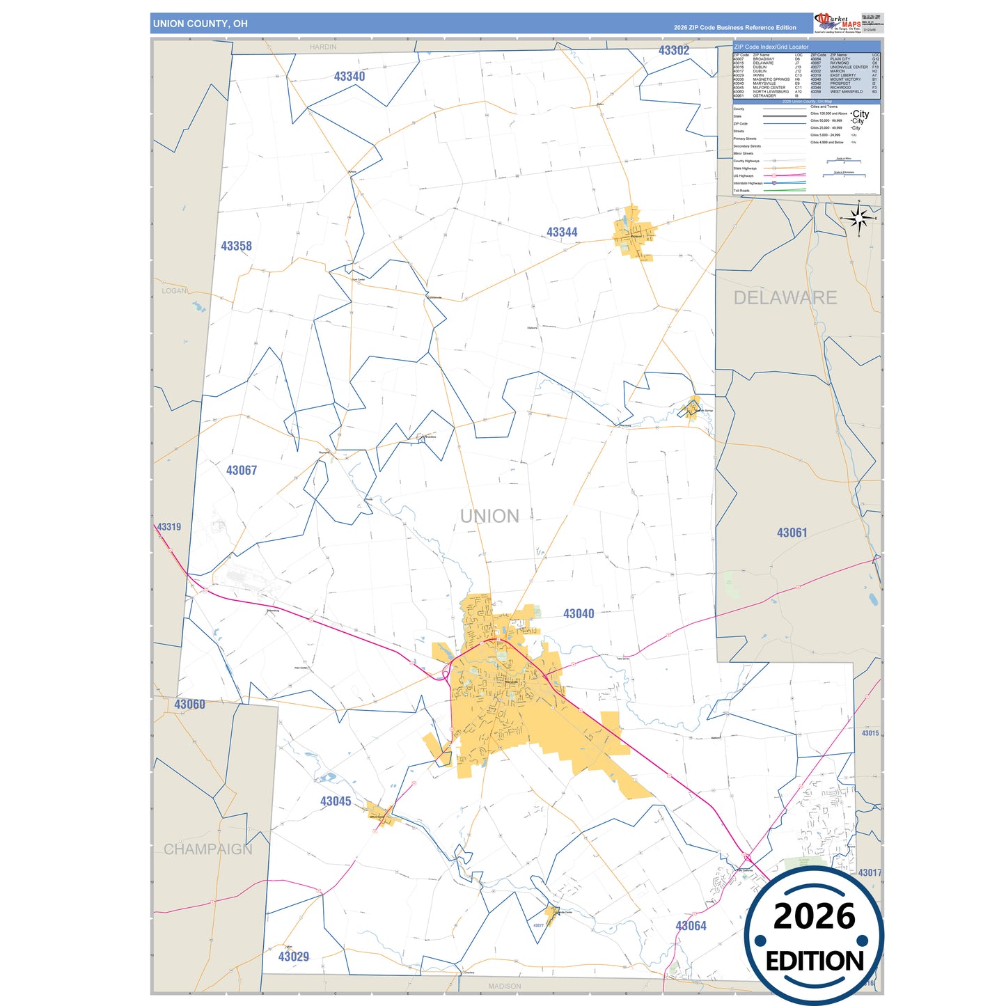 Union County, OH Business Reference 5 Digit ZIP Code Wall Map