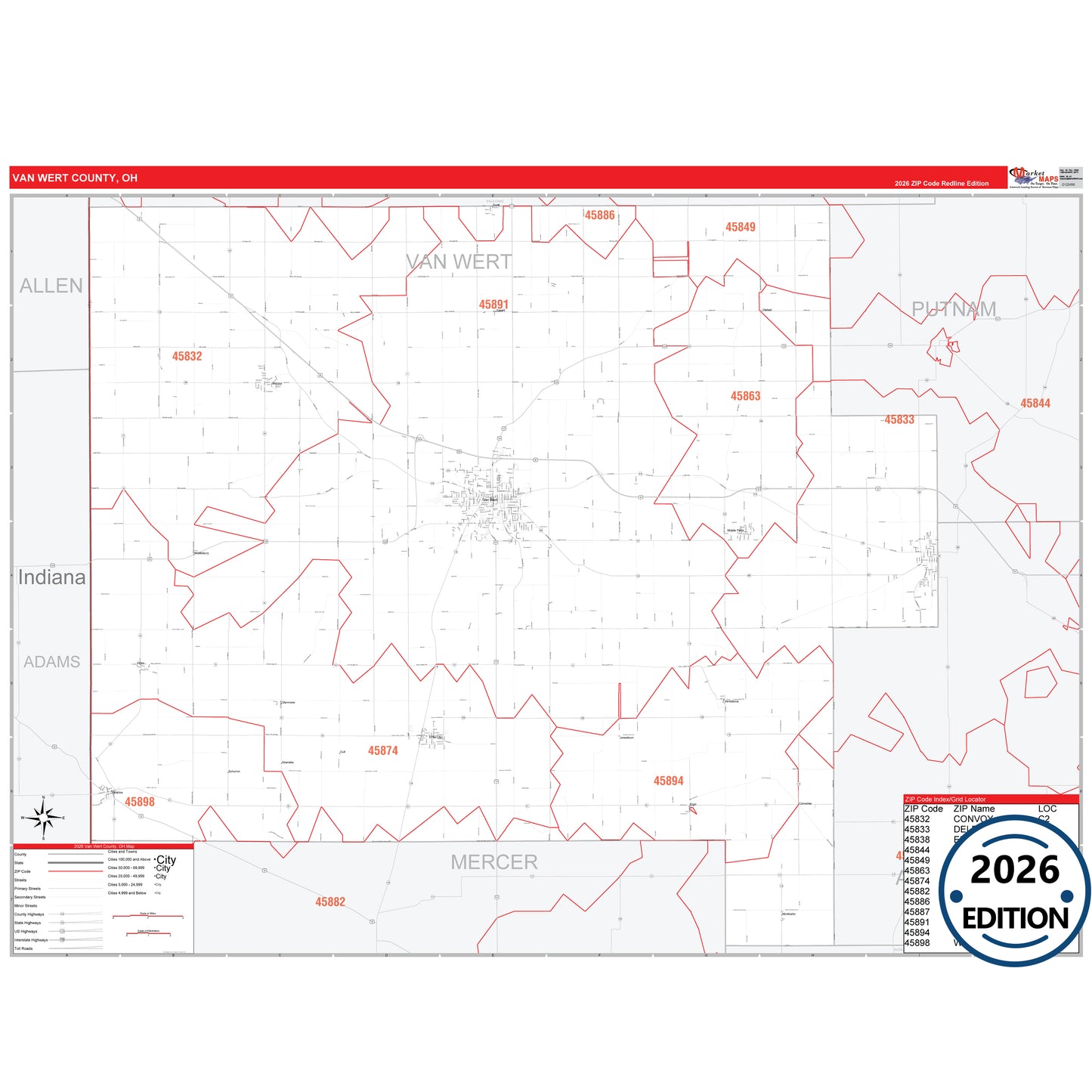 Van Wert County, OH Red Line 5 Digit ZIP Code Wall Map