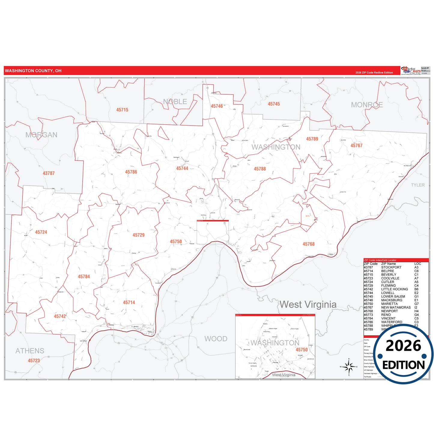 Washington County, OH Red Line 5 Digit ZIP Code Wall Map