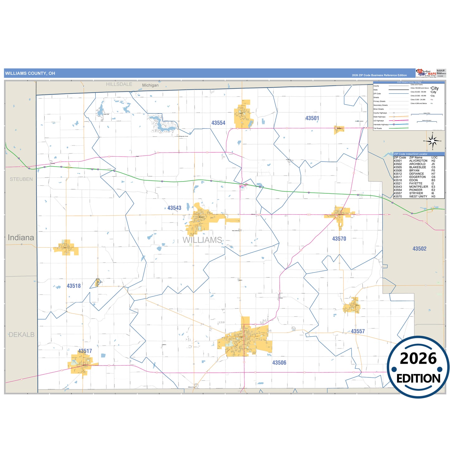 Williams County, OH Business Reference 5 Digit ZIP Code Wall Map