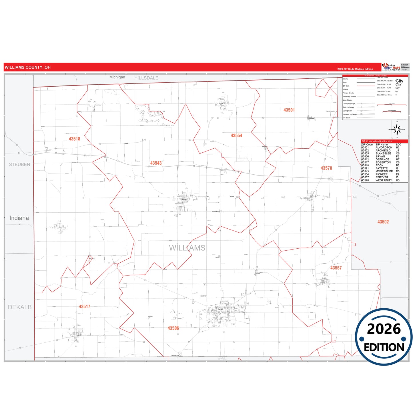 Williams County, OH Red Line 5 Digit ZIP Code Wall Map
