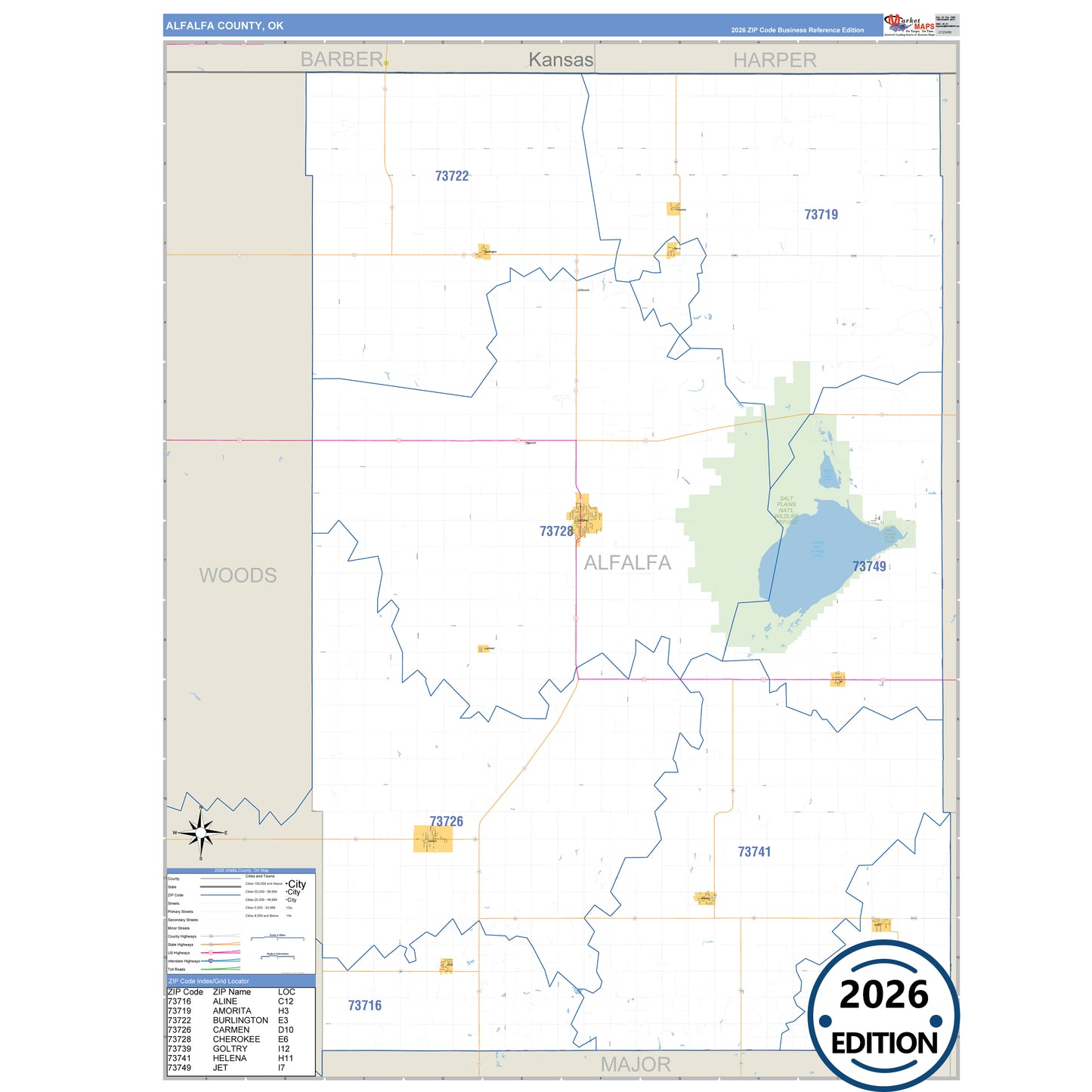 Alfalfa County, OK Business Reference 5 Digit ZIP Code Wall Map