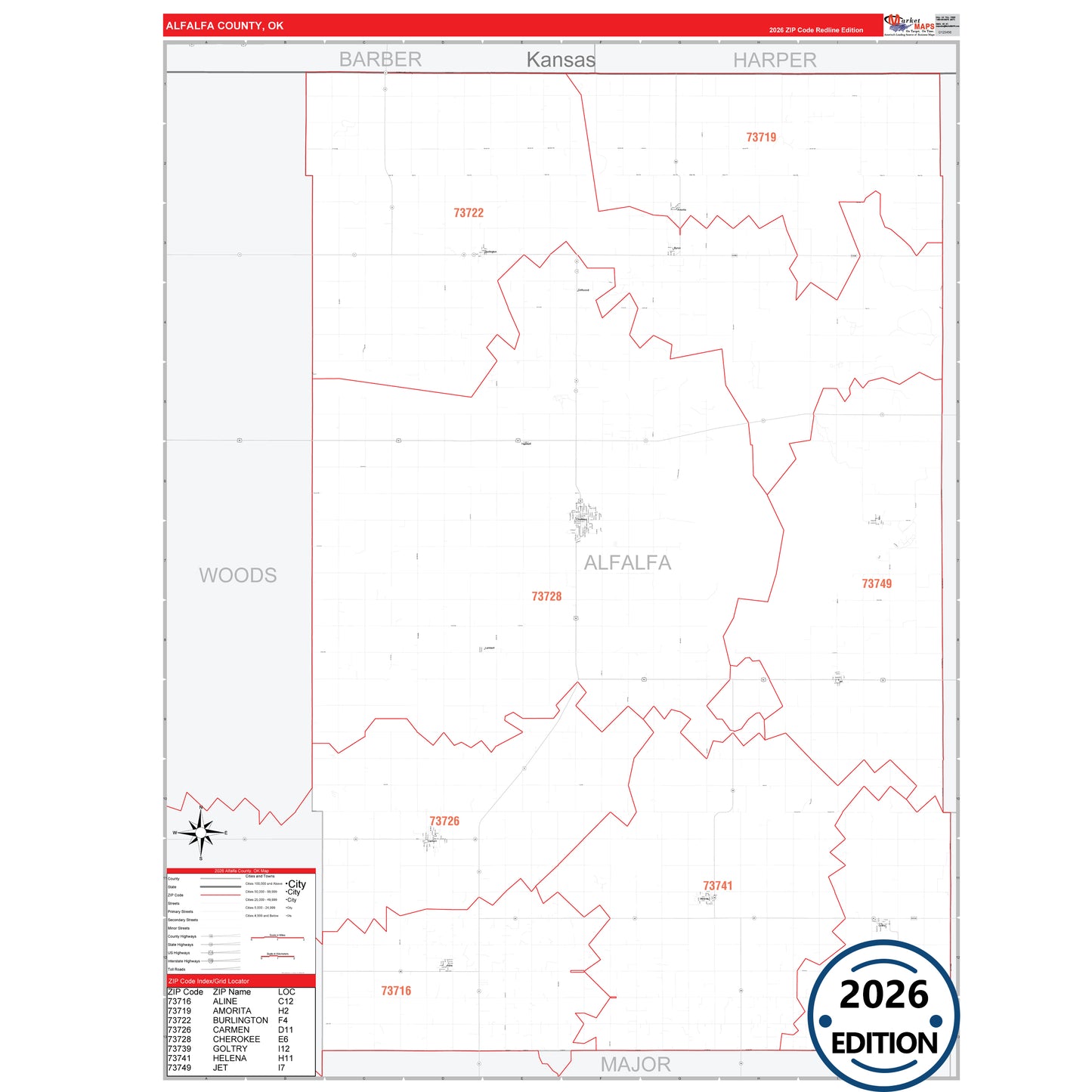 Alfalfa County, OK Red Line 5 Digit ZIP Code Wall Map