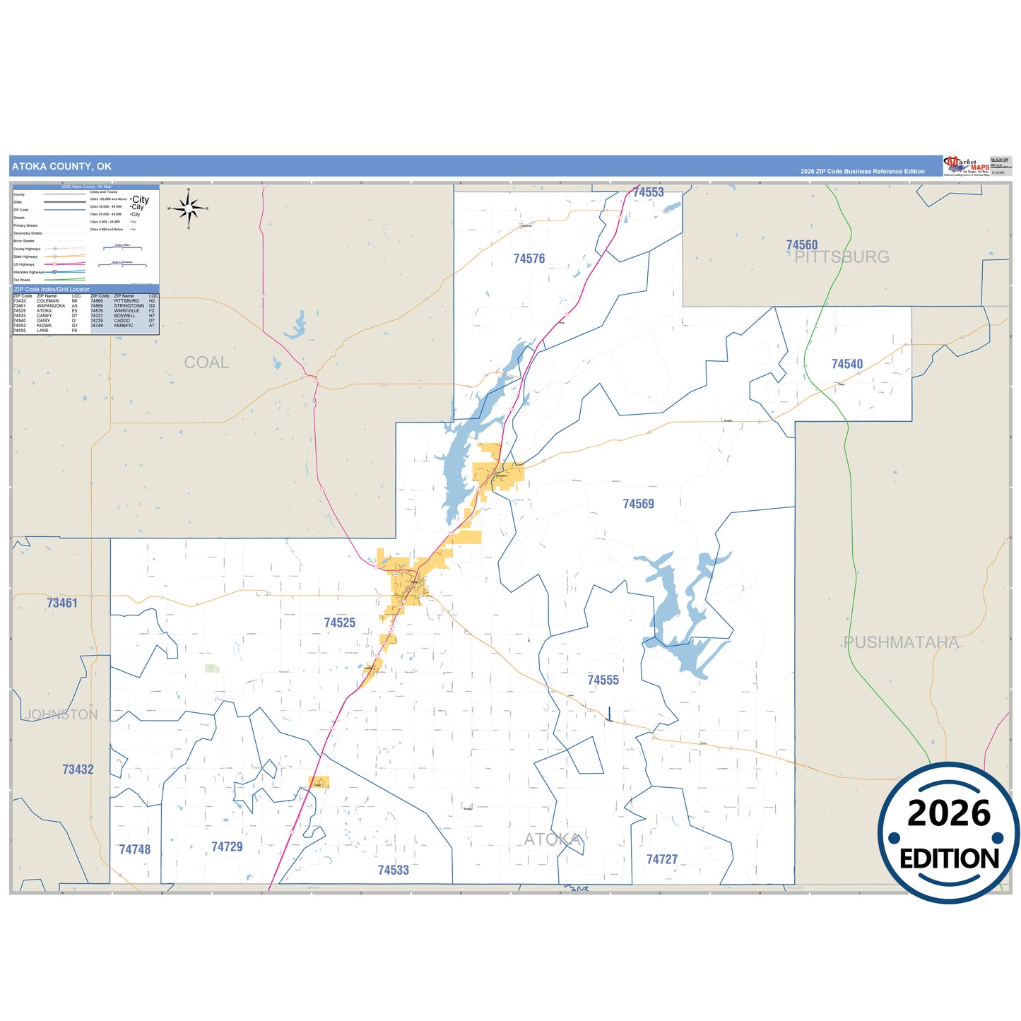 Atoka County, OK Business Reference 5 Digit ZIP Code Wall Map