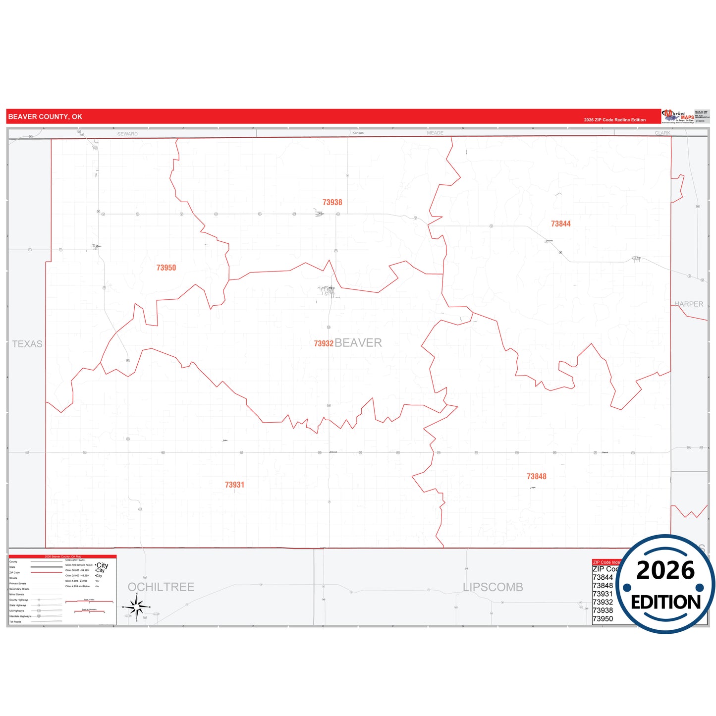 Beaver County, OK Red Line 5 Digit ZIP Code Wall Map