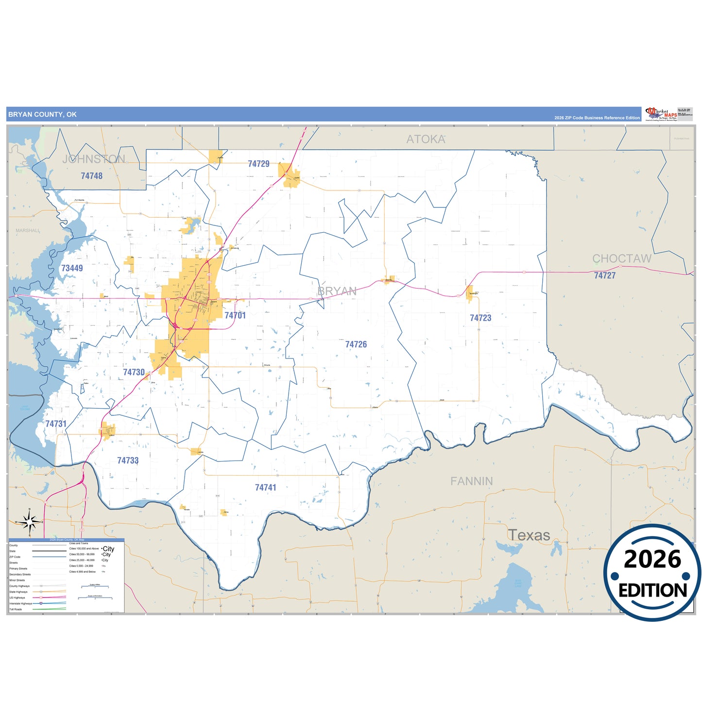 Bryan County, OK Business Reference 5 Digit ZIP Code Wall Map