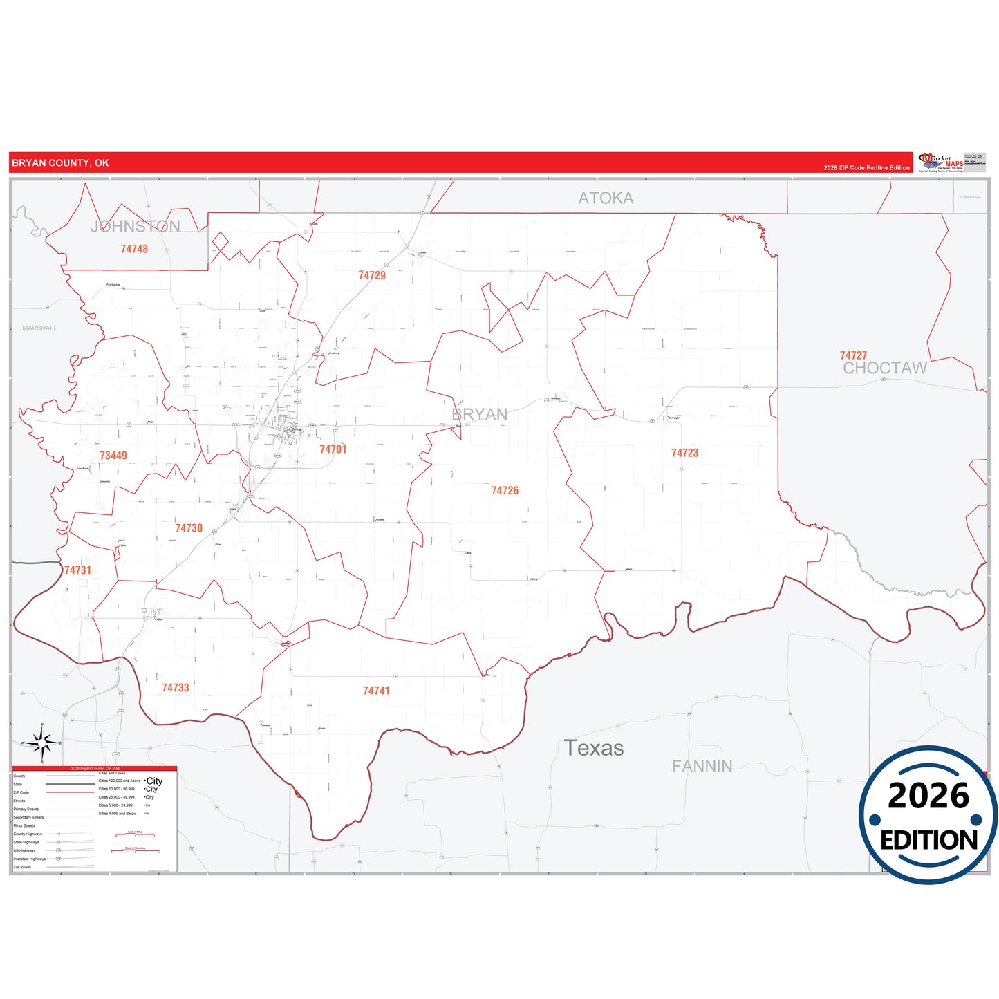 Bryan County, OK Red Line 5 Digit ZIP Code Wall Map